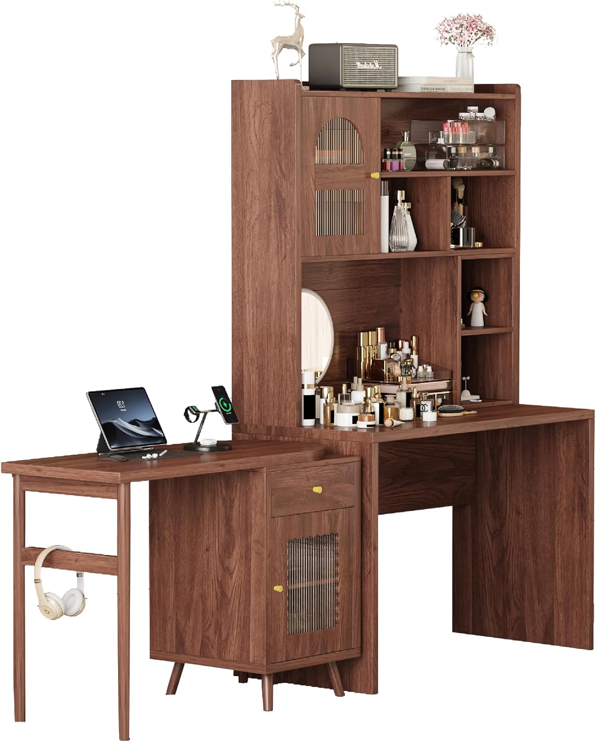 Bellemave Computer Desk with 90 Degree Rotating Desktop, 43x70 Inch Home Office Desk with Drawer and Storage Cabinets, Gaming Desk with Shelves, Writing Desk for Study (Walnut)