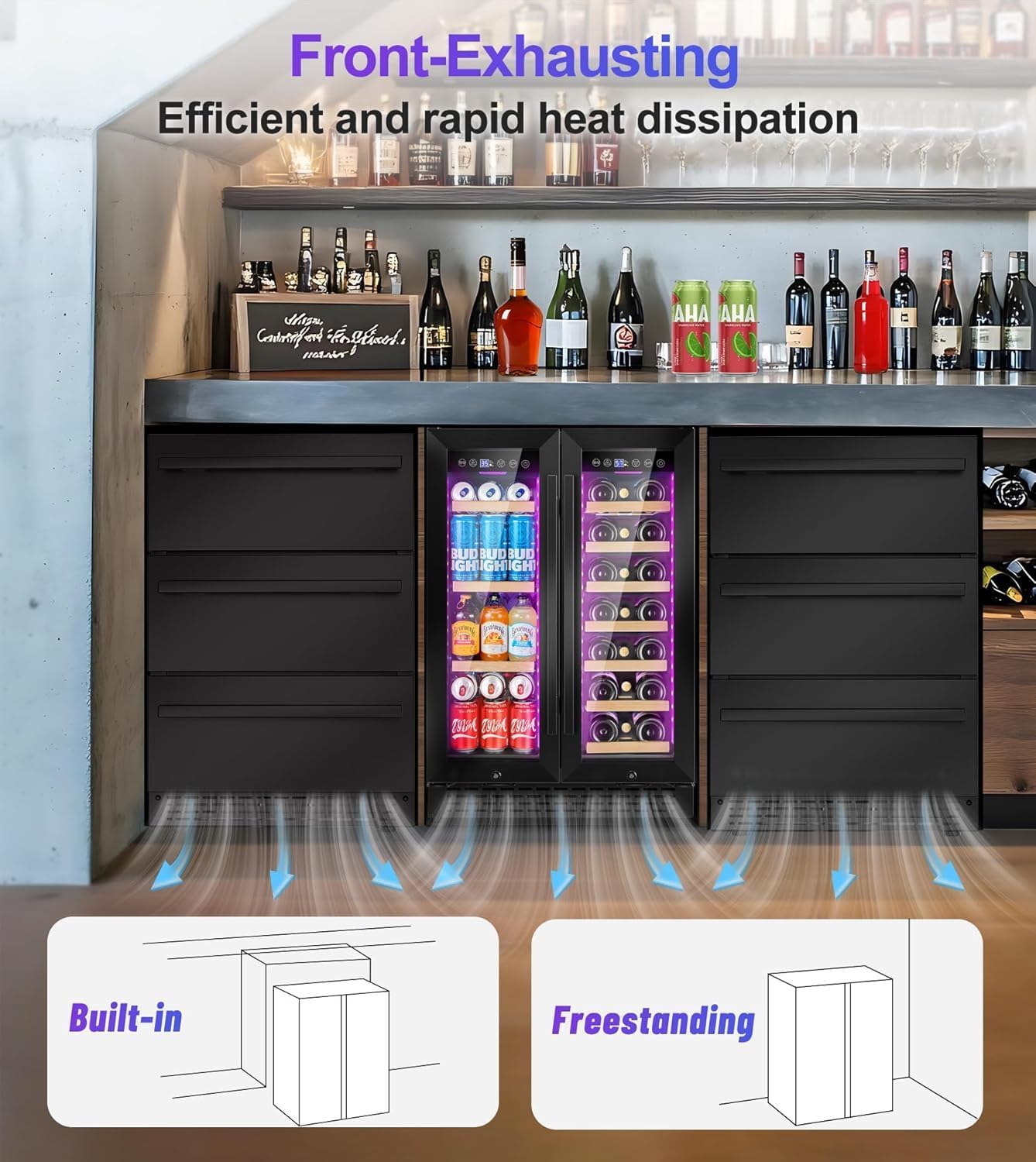 24'' Wine and Beverage Refrigerator, 4.2 Cu. Ft. Dual Zone Wine Fridge with RGB Lights French Door Intelligent Control Advanced Compressor Under Counter Cooler for Outdoor Kitchen Bar Gift Black