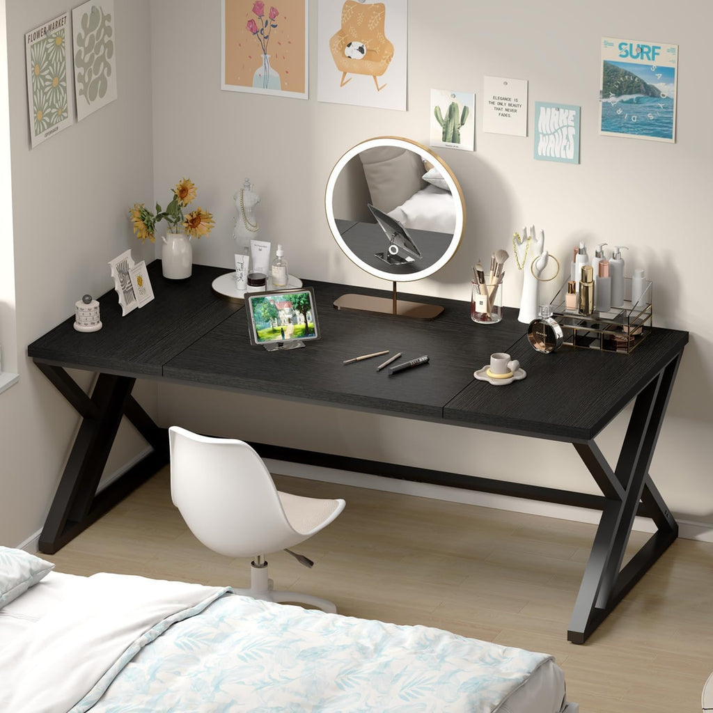 LVB 70.8' Black Computer Desk, Large Industrial Pc Study Home Office Desk, Long Modern Wood Gaming Work Writing Desk for 2 Person, Farmhouse Double Workstation Executive Desk with Storage in Bedroom