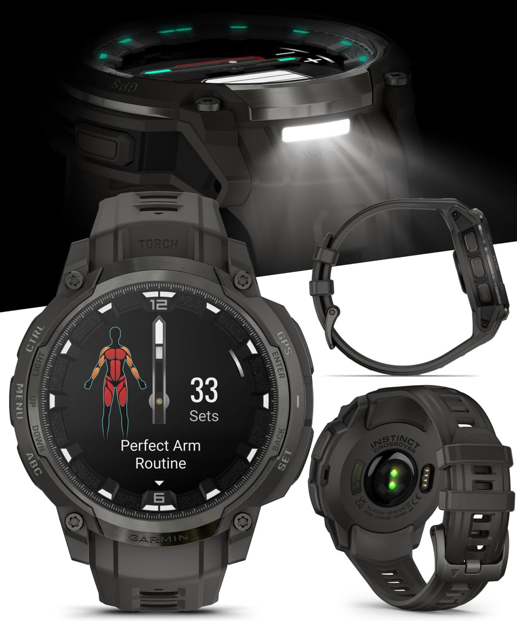 Garmin Instinct Crossover 1.2' AMOLED Sapphire Rugged Hybrid GPS Smartwatch, Analog Hands, Health & Wellness Monitoring, Charcoal Black Earbuds Bundle