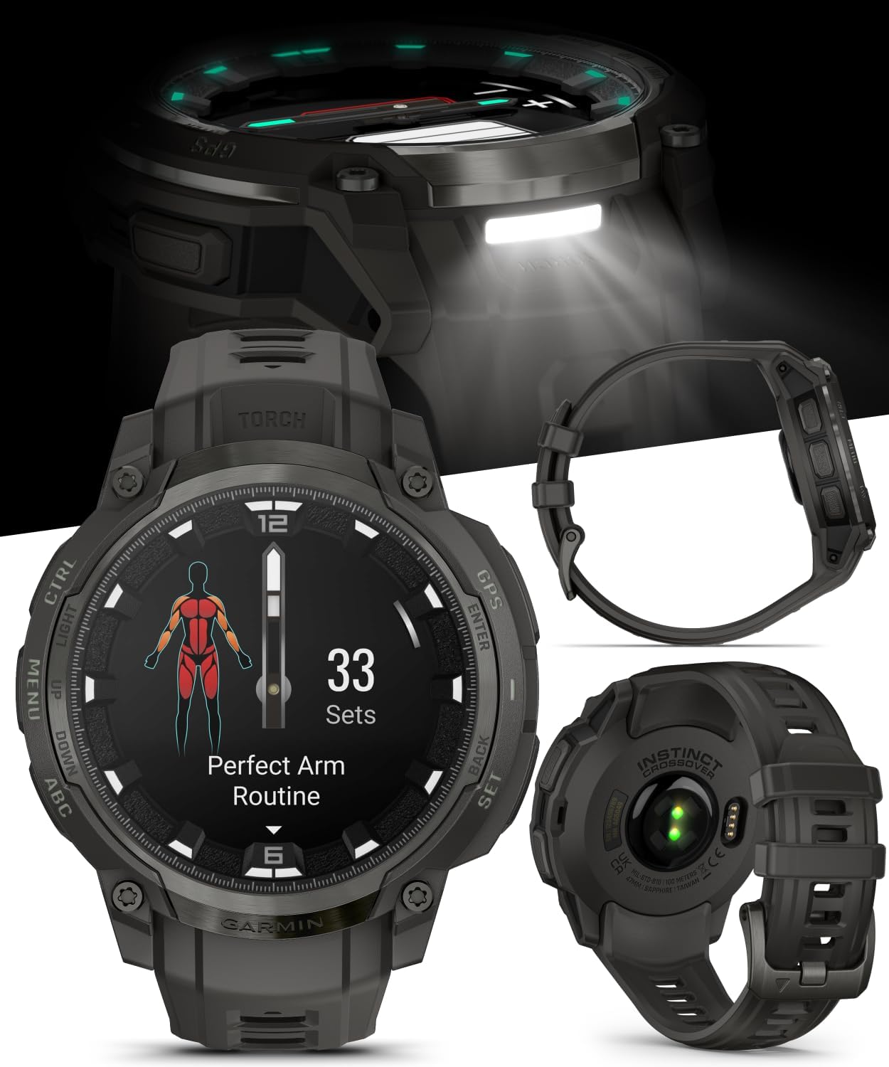 Garmin Instinct Crossover 1.2' AMOLED Sapphire Rugged Hybrid GPS Smartwatch, Analog Hands, Health & Wellness Monitoring, Charcoal Black Earbuds Bundle