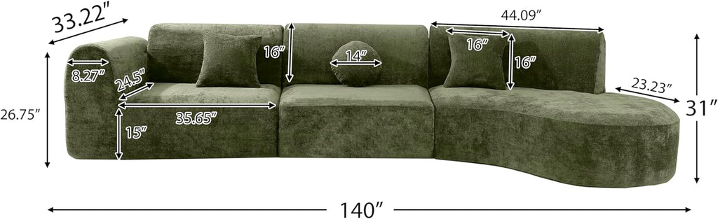 Merax 3-Piece 140' Sectional Modular Sofa Set, 4 Seat Curved Modern Cloud Couch with Chaise Lounge, 3 Pillows, Fully Assembled High-Density Compressed Sponge for Living Room, Green