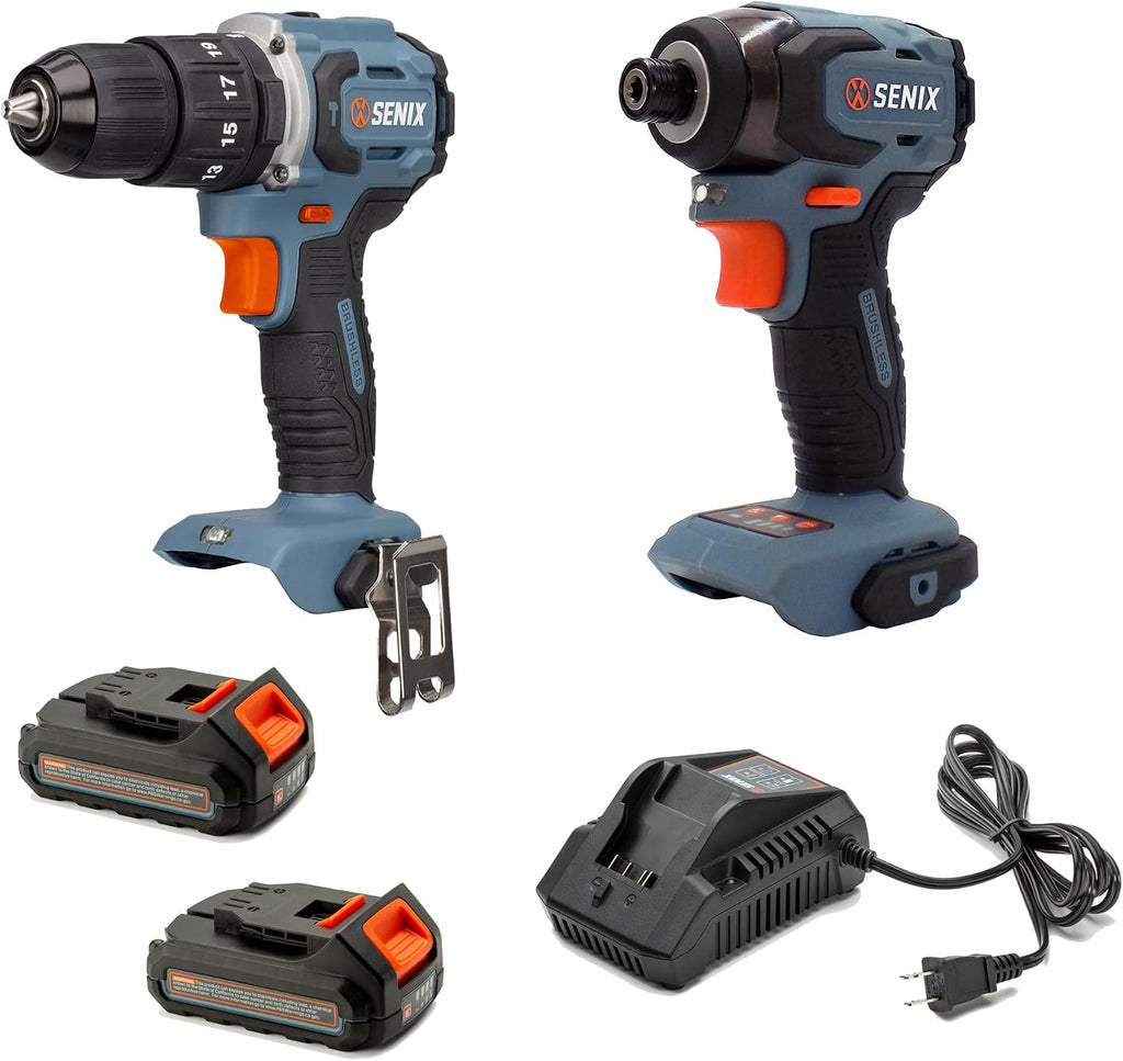 SENIX X2 20 Volt Max* 2-Piece Cordless Power Tool Kit with Battery Powered 1/2-Inch Hammer Drill Driver and 1/4-Inch Impact Driver, Includes Soft Bag, 2 2.0 Ah Batteries & Charger (S2K2B2-02)