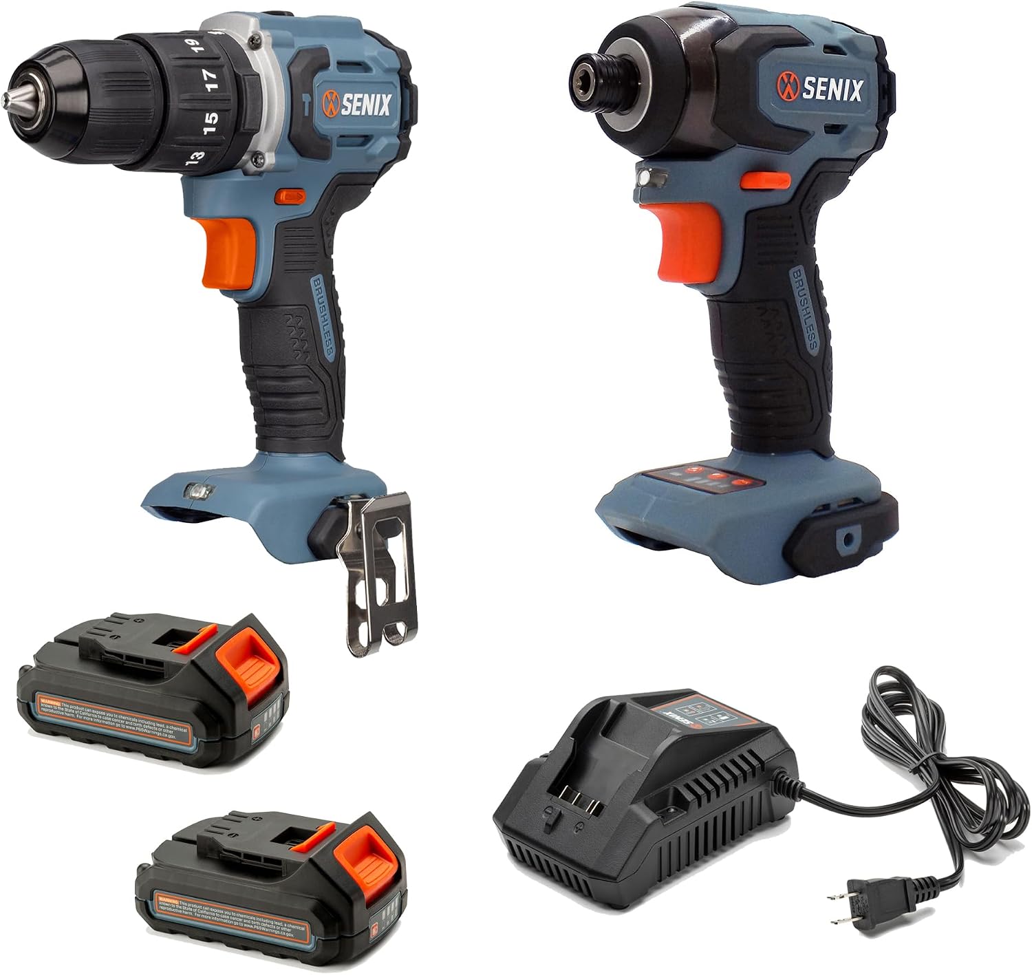 SENIX X2 20 Volt Max* 2-Piece Cordless Power Tool Kit with Battery Powered 1/2-Inch Hammer Drill Driver and 1/4-Inch Impact Driver, Includes Soft Bag, 2 2.0 Ah Batteries & Charger (S2K2B2-02)