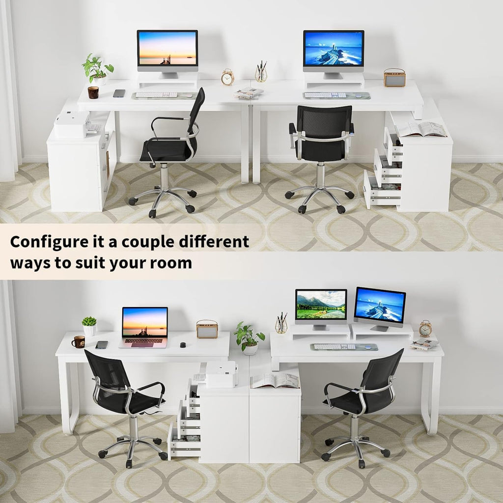 MaverickFurni 55' White Desk with Drawers and Shelves, Reversible L Shaped Desk with Monitor Stand, Home Office Desk with Storage for Work Writing Study, White