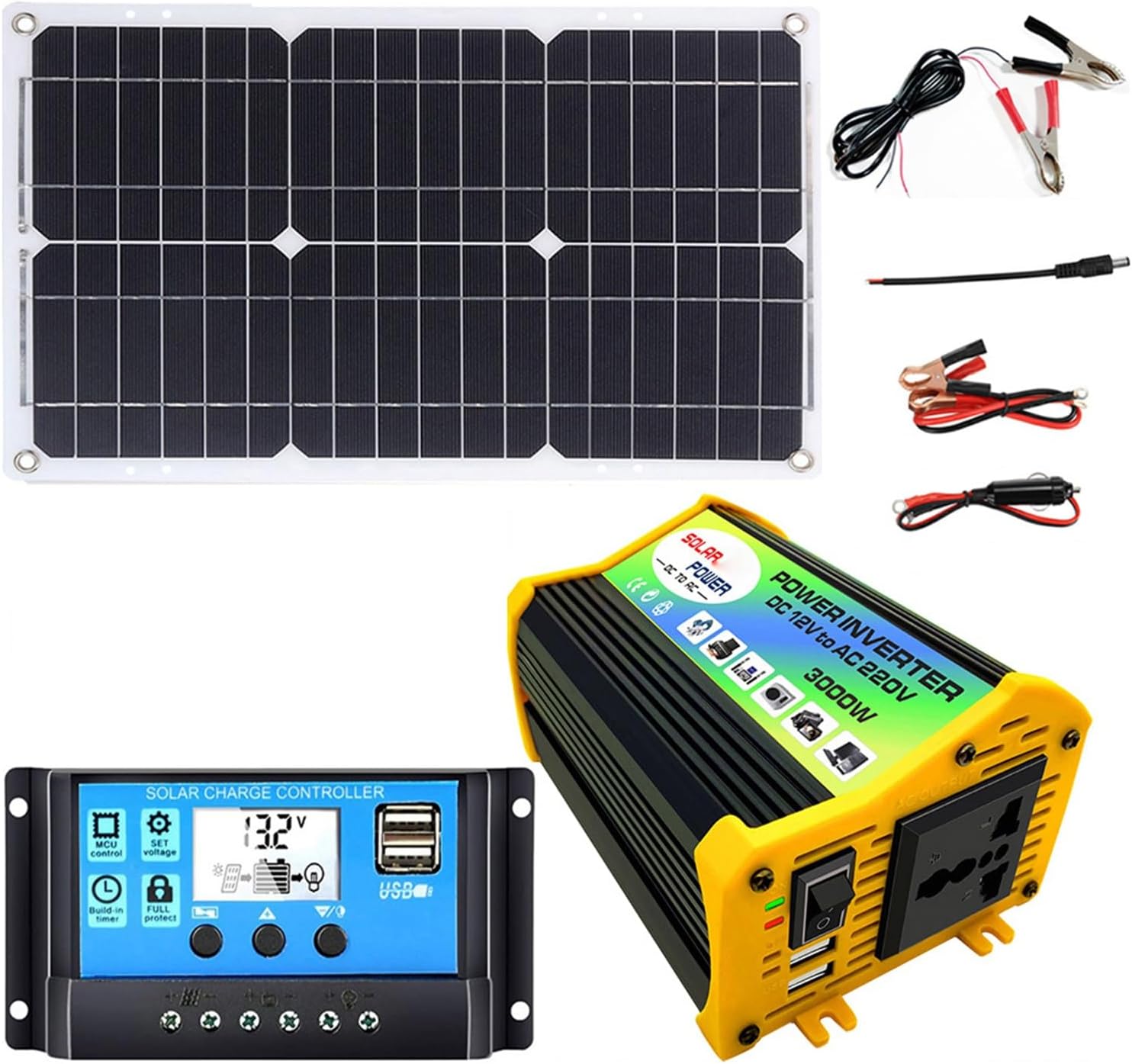 3000W Solar Generator Kit 12V to 110V/220V Intelligent Charging and Discharging Solar Inverter Generator Home Grid System 30A Controller + 18w18v Solar Panel (Color : Black, Size : 12V-220V)