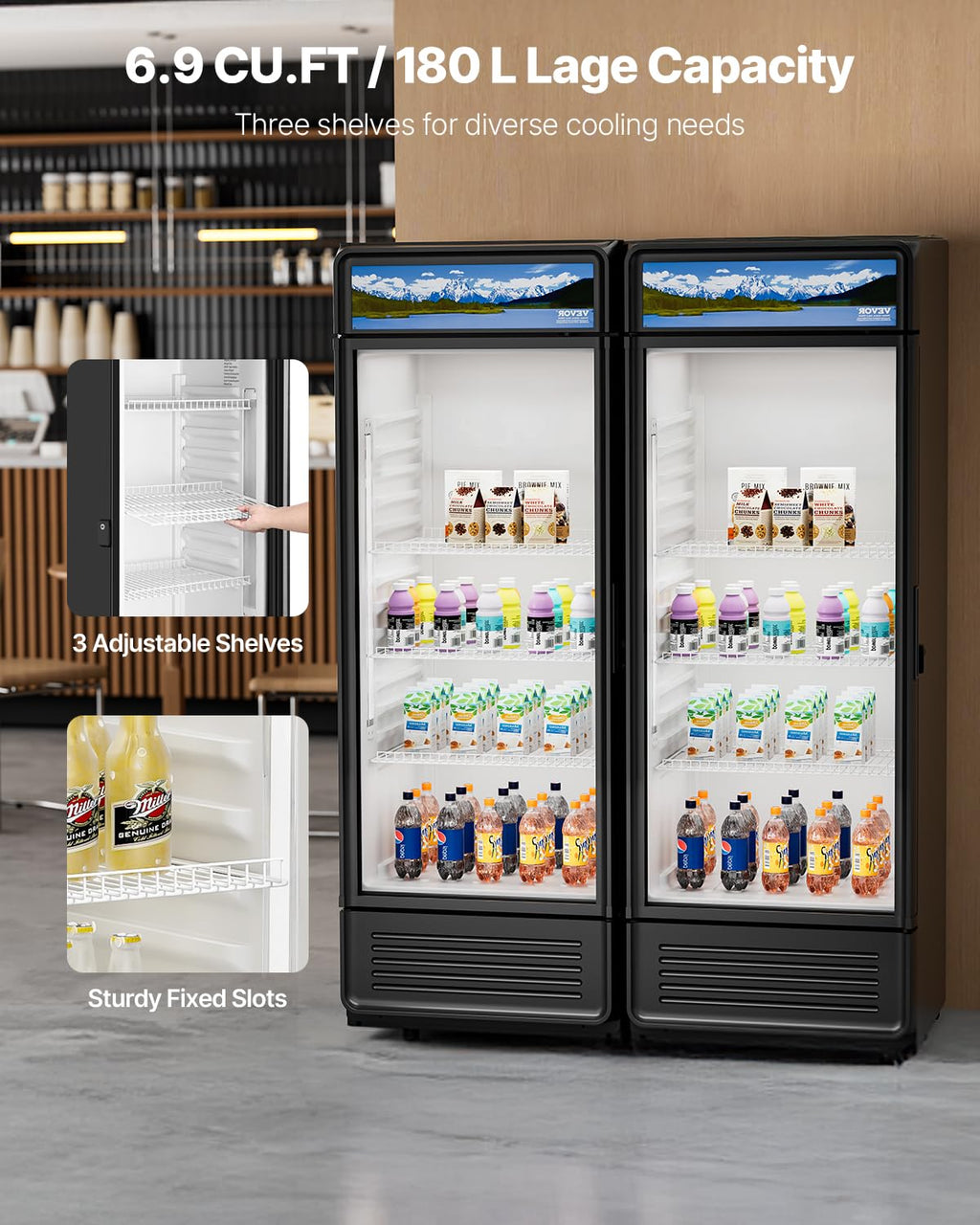 VEVOR Commercial Merchandiser Refrigerator, 6.9 CU.FT Glass Door Display Refrigerator, Beverage Refrigerator Cooler Merchandiser with Adjustable Shelves, Soft LED Light, Customizable Lightbox, Black