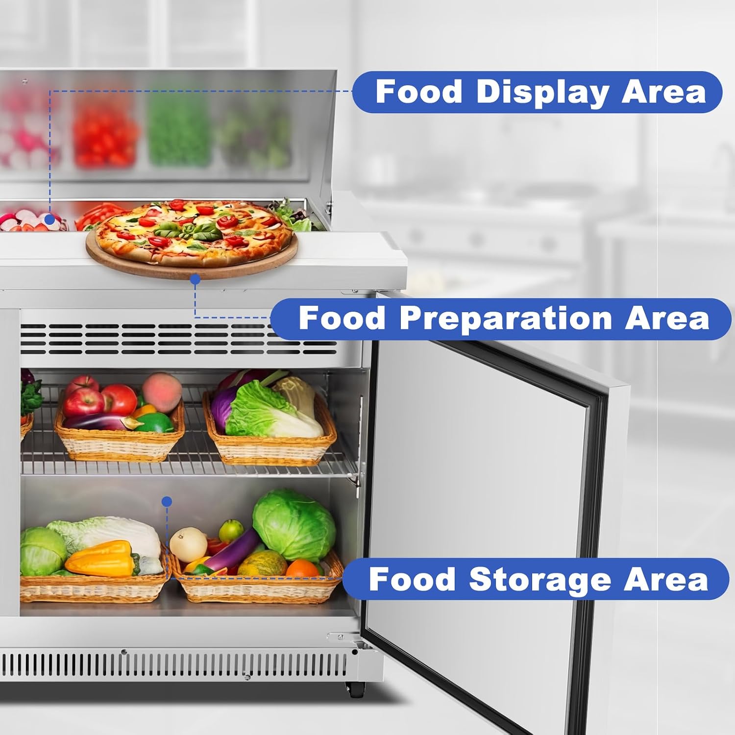 Tylza 60' Commercial Refrigerator, 16.3 Cu.Ft Sandwich Pizza Prep Table, Mega Top Worktop Fridge w/ 16 Pans & Cutting Board, 2-Door Stainless Steel Salad Prep Cooler for Restaurant & Food Truck