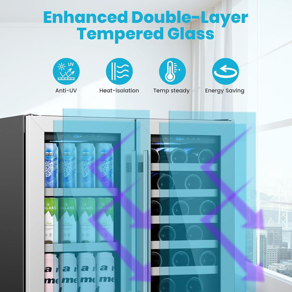 30 Inch Wine and Beverage Refrigerator, Beverage Fridge Cooler Under Counter, Dual Zone Commercial Bar Fridge for Beer with Seamless Stainless Steel Tempered Glass Door, 33 Bottles & 135 Cans