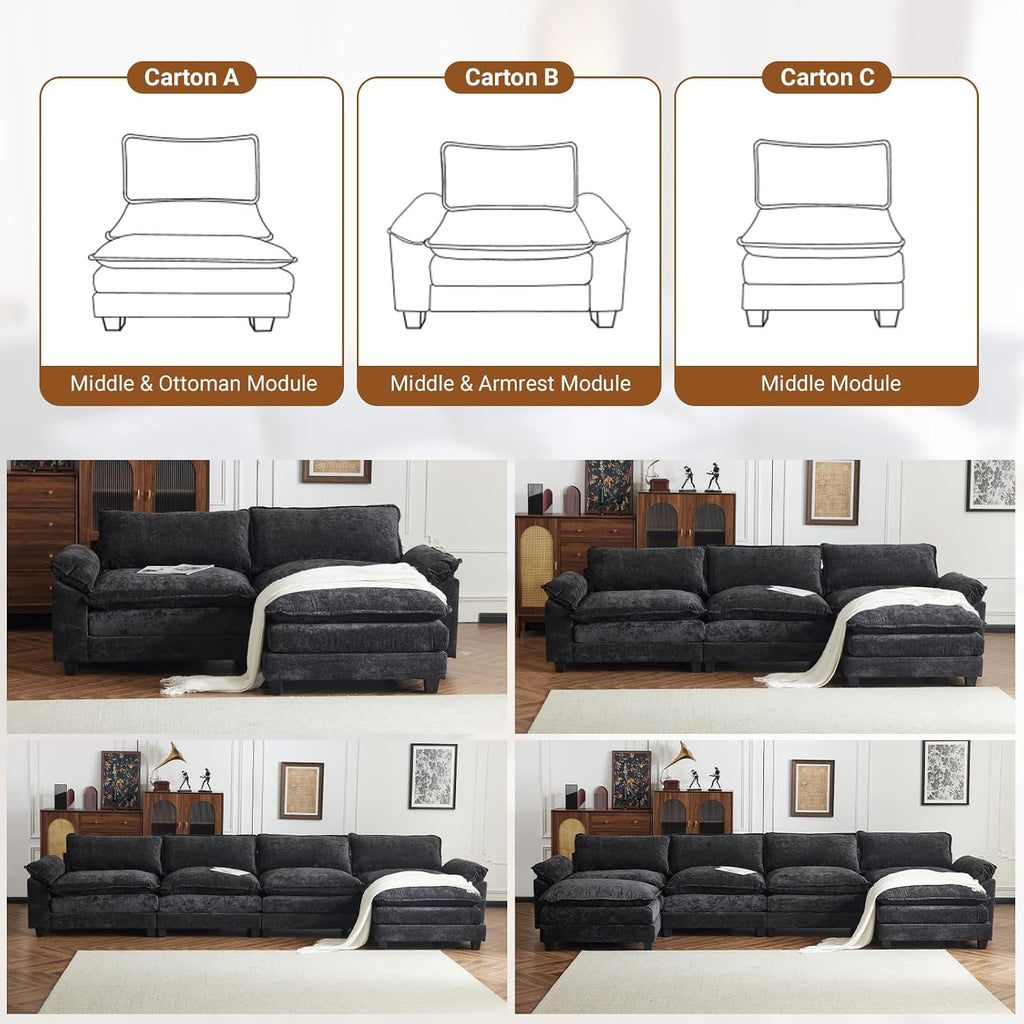 VINGLI 122' Cloud Double-Layer Deep Convertible Sectional Sofa, Comfy L-Shape 3-Seat Couches for Living Room, Modern Couch with Two Movable Ottoman for Small Space, Chenille Black
