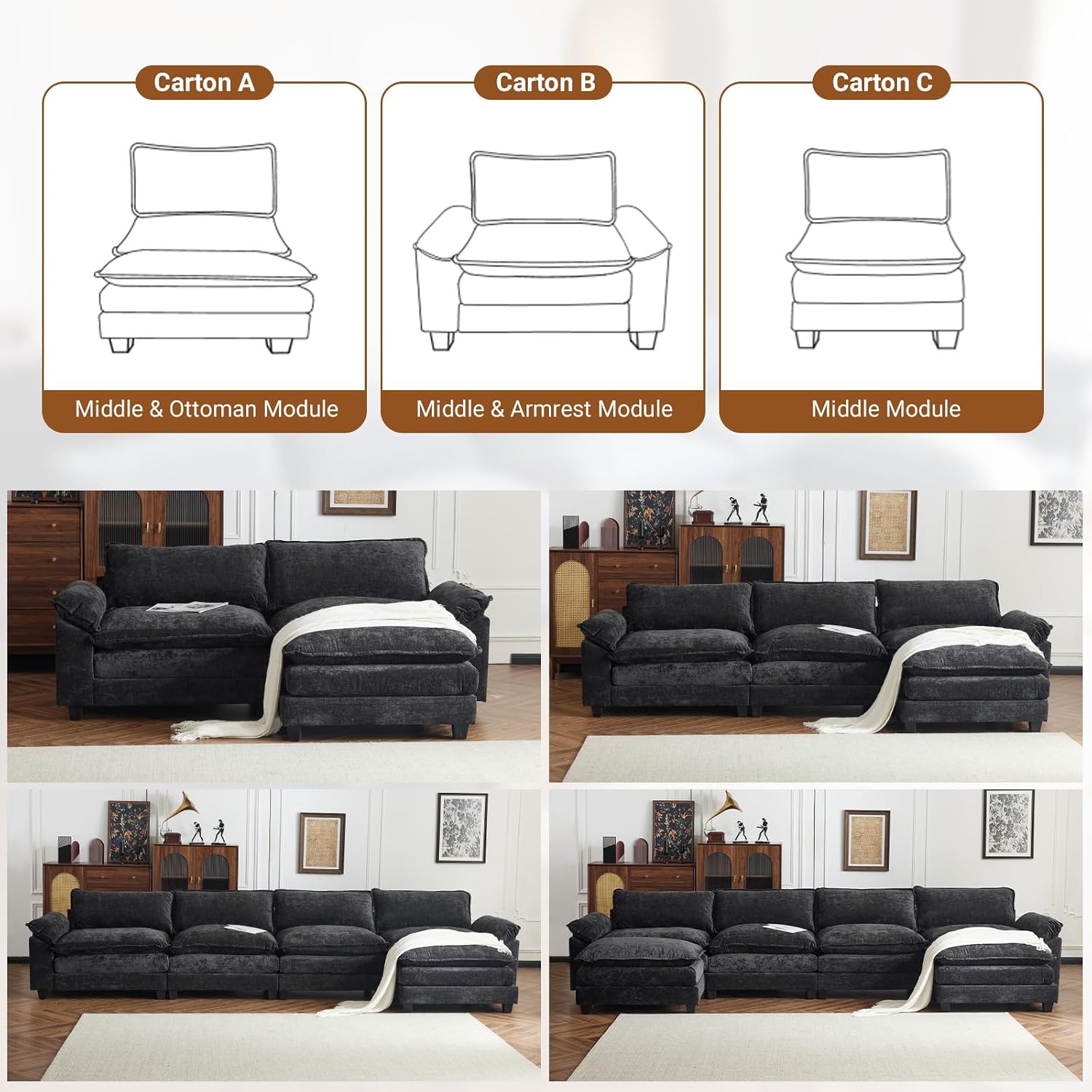 VINGLI 122' Cloud Double-Layer Deep Convertible Sectional Sofa, Comfy L-Shape 3-Seat Couches for Living Room, Modern Couch with Two Movable Ottoman for Small Space, Chenille Black