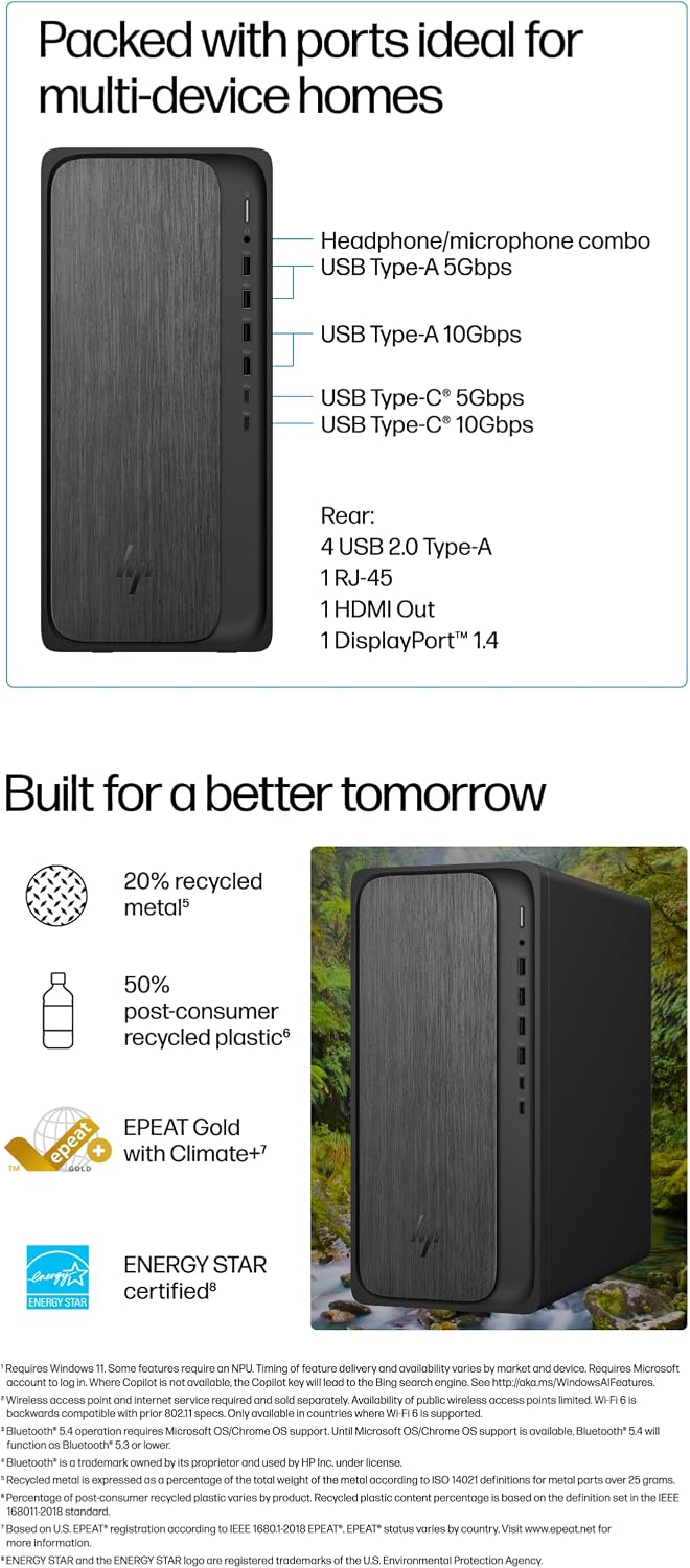 HP OmniDesk Desktop, AI PC with 16 NPU Tops, 8-Core AMD Ryzen 7-8700G CPU (Upto 5.1GHz), 64GB DDR5 RAM, 2TB SSD, USB-C, Wi-Fi 6, Dual Monitor Support, Bluetooth, Windows 11 Pro, Wireless KB & Mouse