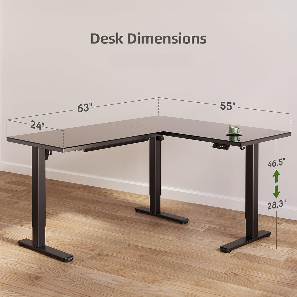INNOVAR L Shaped Glass Standing Desk Adjustable Height, Dual Motor Electric Corner Standing Desk with Drawers, 63x55 inch Sit Stand up Desk with Splice Board for Home Office, Black
