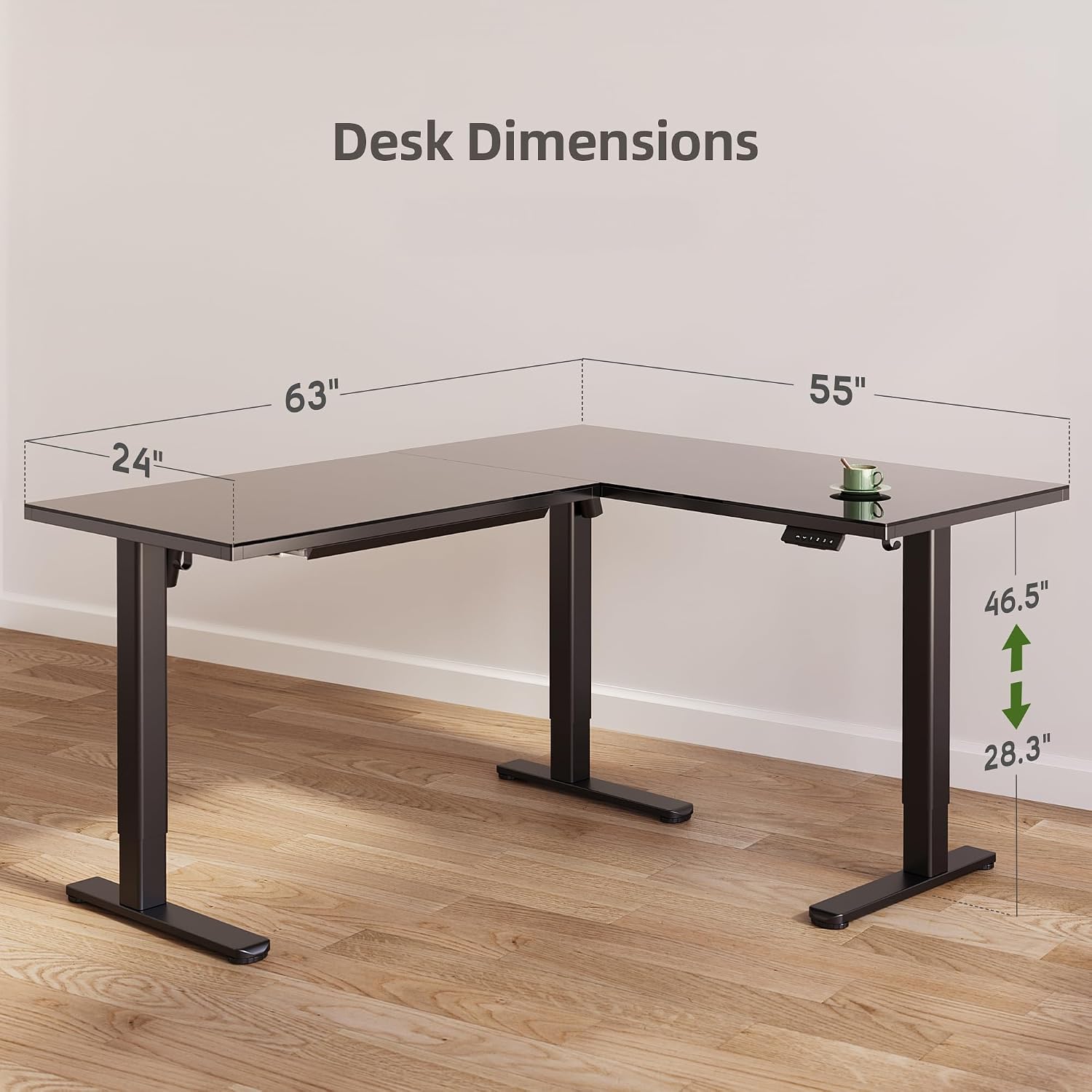 INNOVAR L Shaped Glass Standing Desk Adjustable Height, Dual Motor Electric Corner Standing Desk with Drawers, 63x55 inch Sit Stand up Desk with Splice Board for Home Office, Black