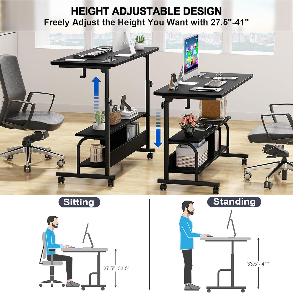 Armocity Rolling Standing Desk with Power Outlets, 47' Manual Height Adjustable Mobile Computer Desk with Wheels, Portable Sit Stand Laptop Couch Table for Bed & Sofa Home Office, Black
