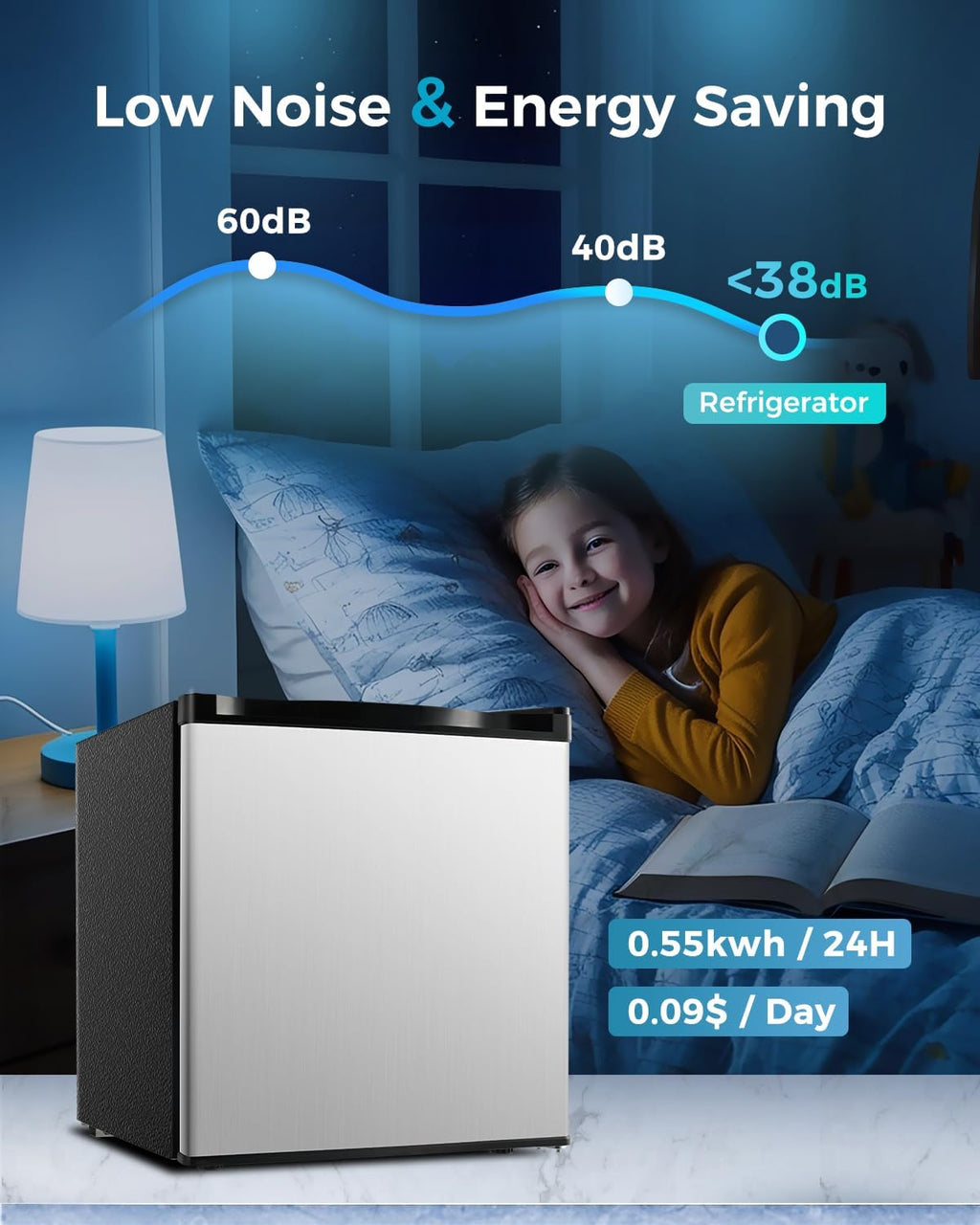 Feelfunn Mini Fridge with Freezer - 1.7 Cu.Ft Single Door Mini Refrigerator with Adjustable Thermostat, Energy Saving, Low Noise, Small Fridge for Bedroom, Office, Dorm, Apartment, Classroom - Silver
