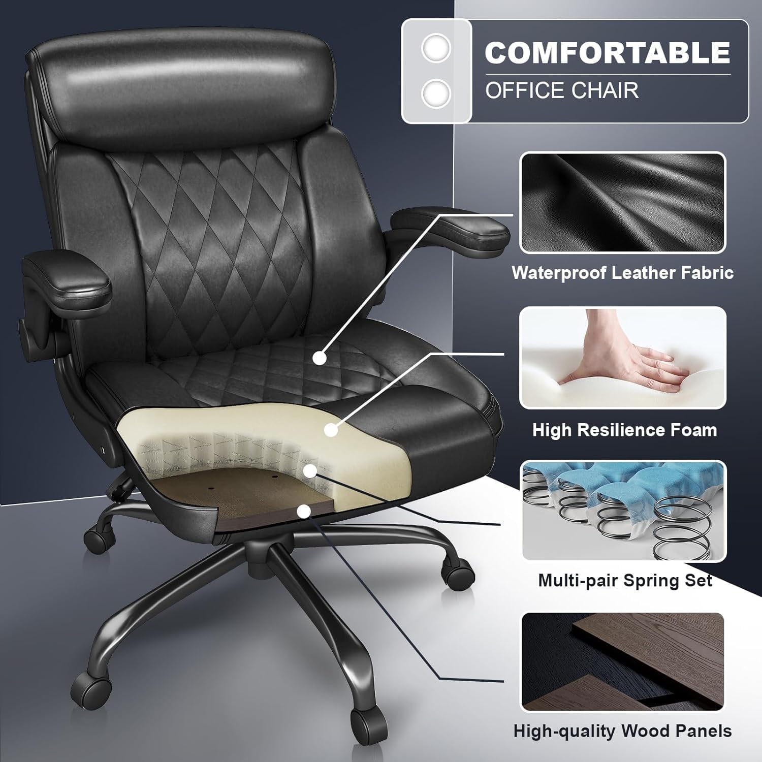 AnyGod Ergonomic Mid-Back Desk Chairs Comfy for Home Office with Flip-up Armrests, Lumbar Support, Adjustable Height and Swivel Rolling Wheels