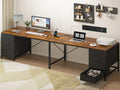 TVU 95' 2 Person Desk with 8 Drawers, Large Writing Home Office Desks with Outlets, I Shaped Workstation Double Desk Drawer Organizers (Rustic)