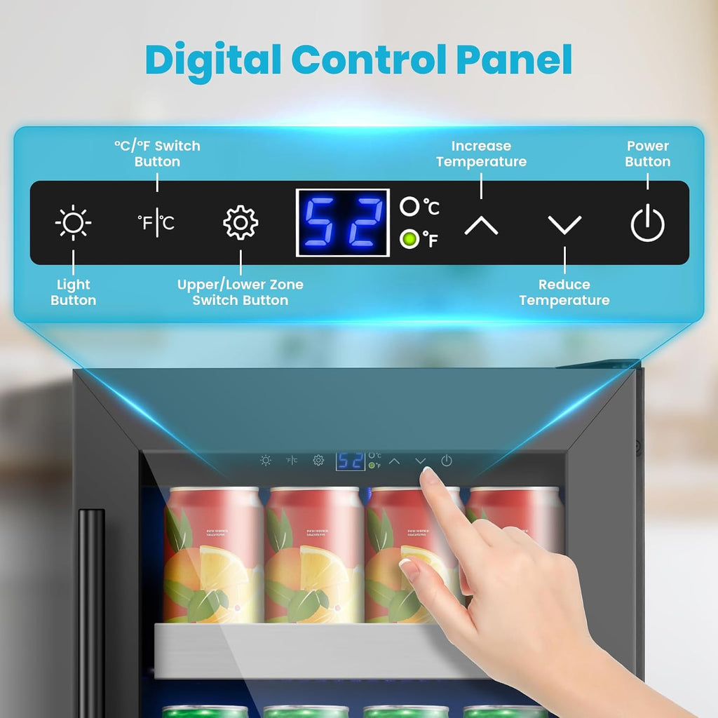15 Inch Black Beverage Refrigerator, 130 Cans Beverage Cooler Under Counter,Freestanding 37-65°F Mini Beverage Fridge with Glass Door& Stainless Steel Shelves