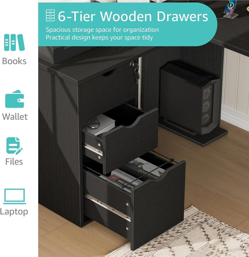 WINAZ Black L Shaped Office Desk with Lockable Drawers, 66 Inch Wood Executive L-Shaped Computer Desk with File Cabinet Storage & Power Outlet, Modern Large Corner Desks with Filing Cabinets