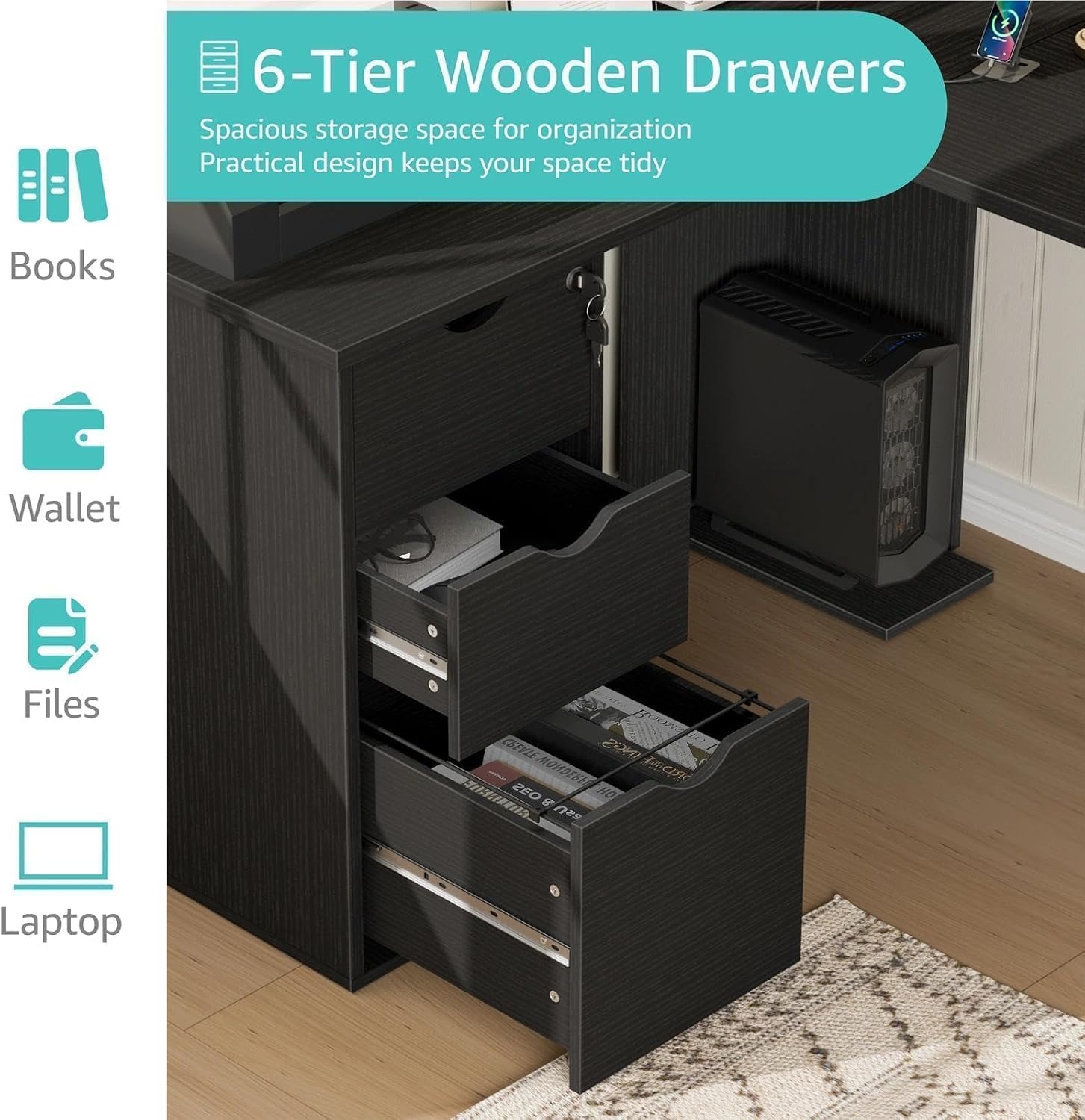 WINAZ Black L Shaped Office Desk with Lockable Drawers, 66 Inch Wood Executive L-Shaped Computer Desk with File Cabinet Storage & Power Outlet, Modern Large Corner Desks with Filing Cabinets