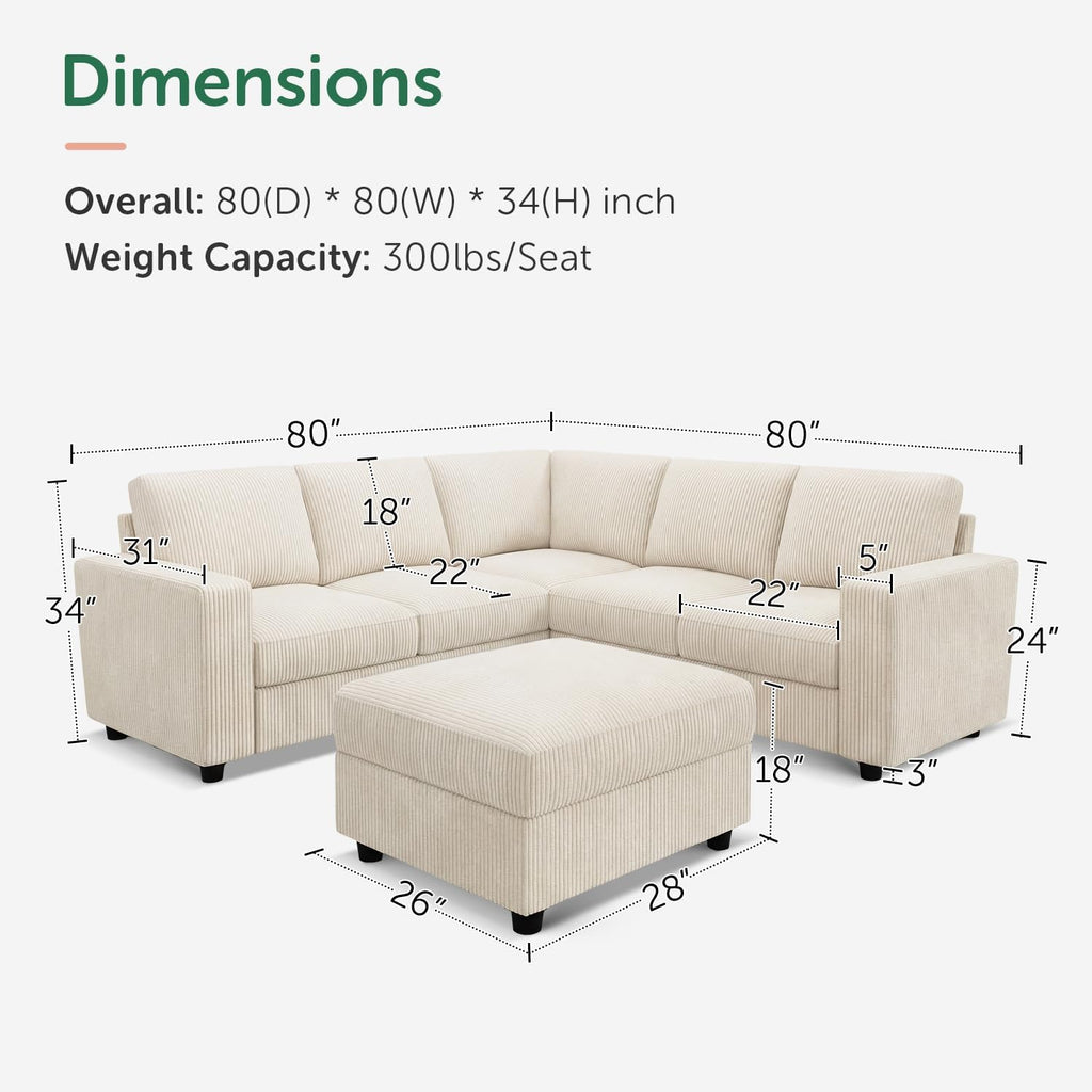 HONBAY Corduroy Sectional Couch with Storage L-Shaped Sectional Couches for Living Room 6 Seater Sectional Sofa, Beige