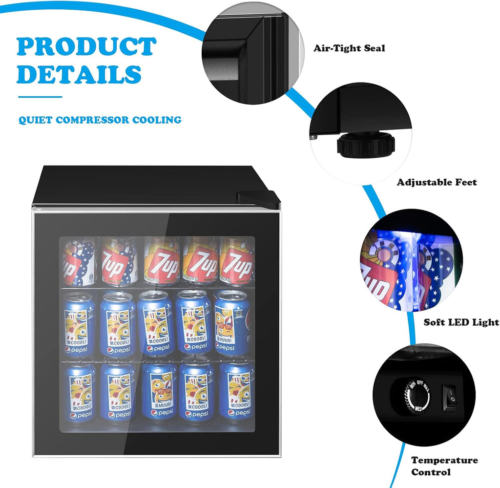 ARLIME Mini Fridge, Drink Cooler, 60 Can, Beverage Refrigerator with Glass Door, Removable Shelves for Soda Beer Wine, Small Drink Refrigerator for Bedroom, Office, Home Kitchen, Bar, 1.6 Cu. Ft.