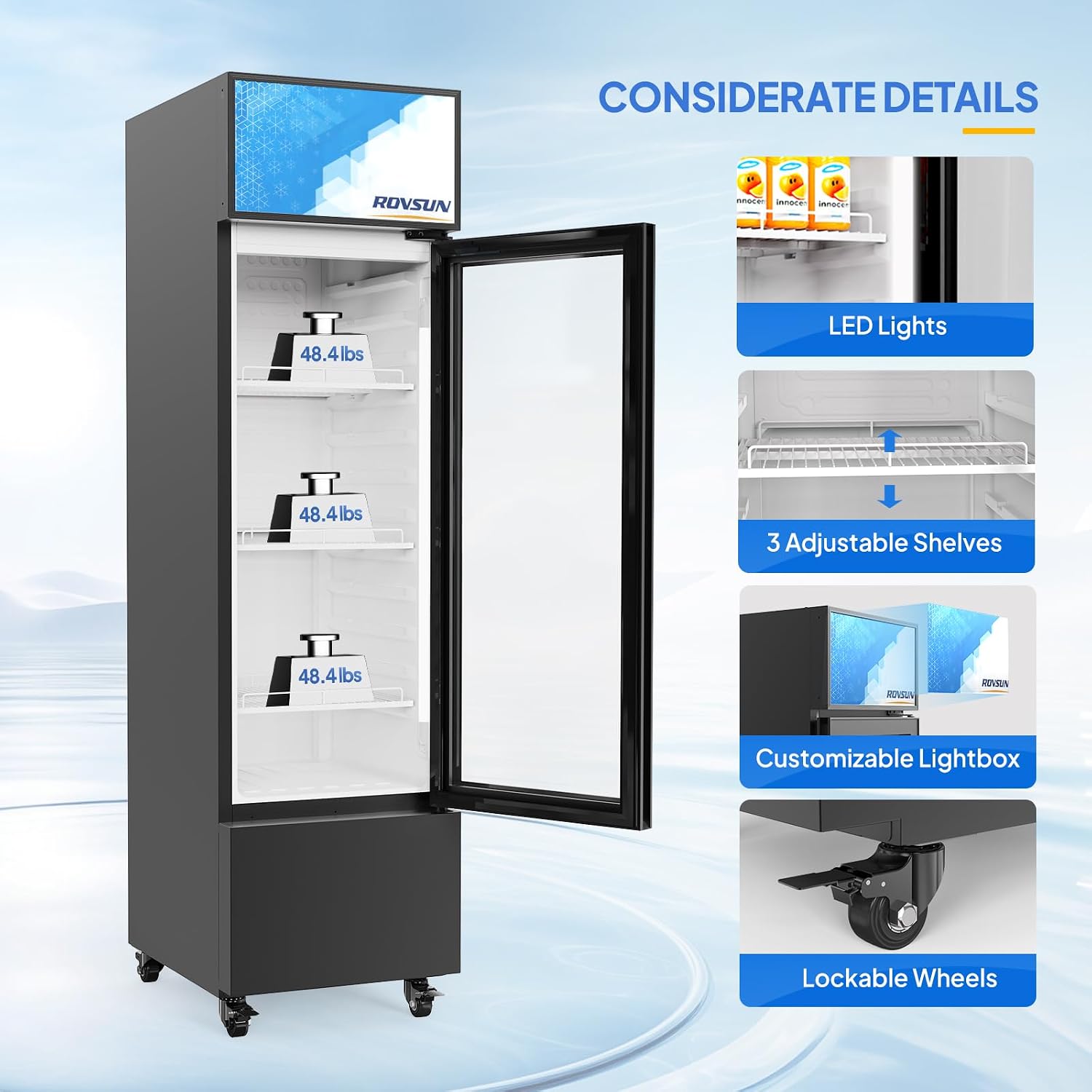 ROVSUN 6 Cu.Ft Commercial Refrigerator Display Refrigerator ETL NSF Certified, Slim Commercial Beverage Cooler Glass Door Merchandiser Drink Fridge w/Adjustable Shelves LED Light for Bar Restaurant