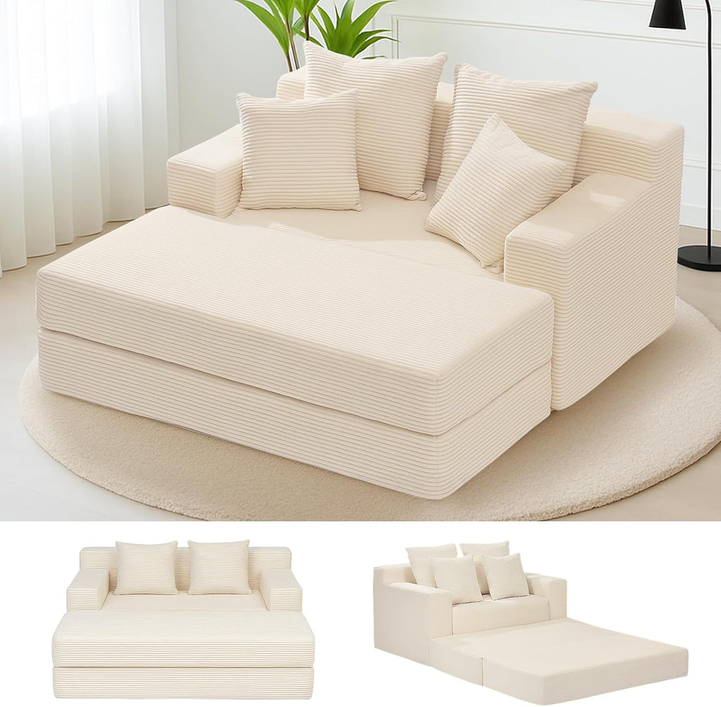 Convertible Futon Sofa Bed with Ottoman, 5 in 1 Folding Couch Bed Loveseat Sleeper, Corduroy Boneless Couch with Deep Seat for Living Room Chaise Lounge Chair Indoor, No Assembly Required, Beige