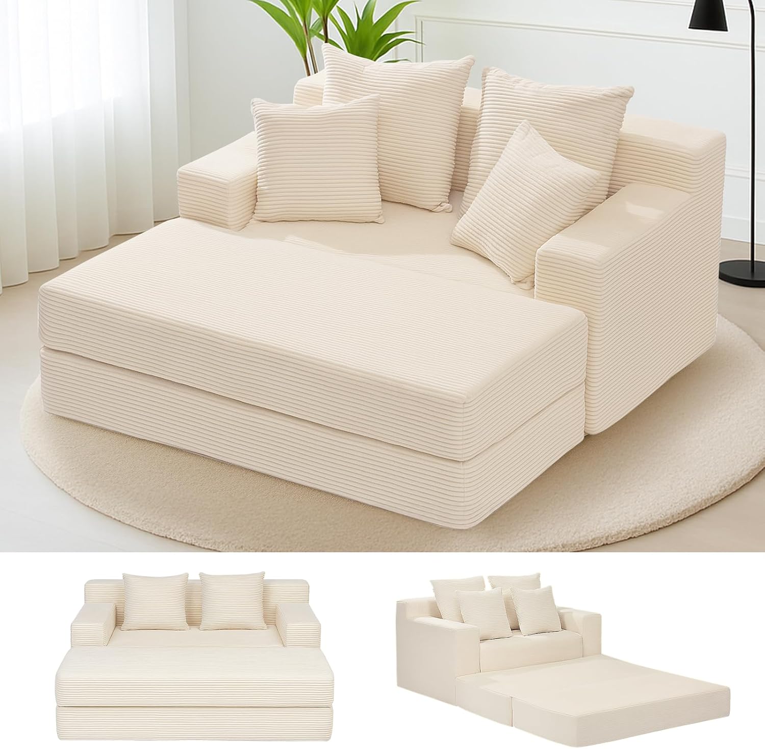 Convertible Futon Sofa Bed with Ottoman, 5 in 1 Folding Couch Bed Loveseat Sleeper, Corduroy Boneless Couch with Deep Seat for Living Room Chaise Lounge Chair Indoor, No Assembly Required, Beige