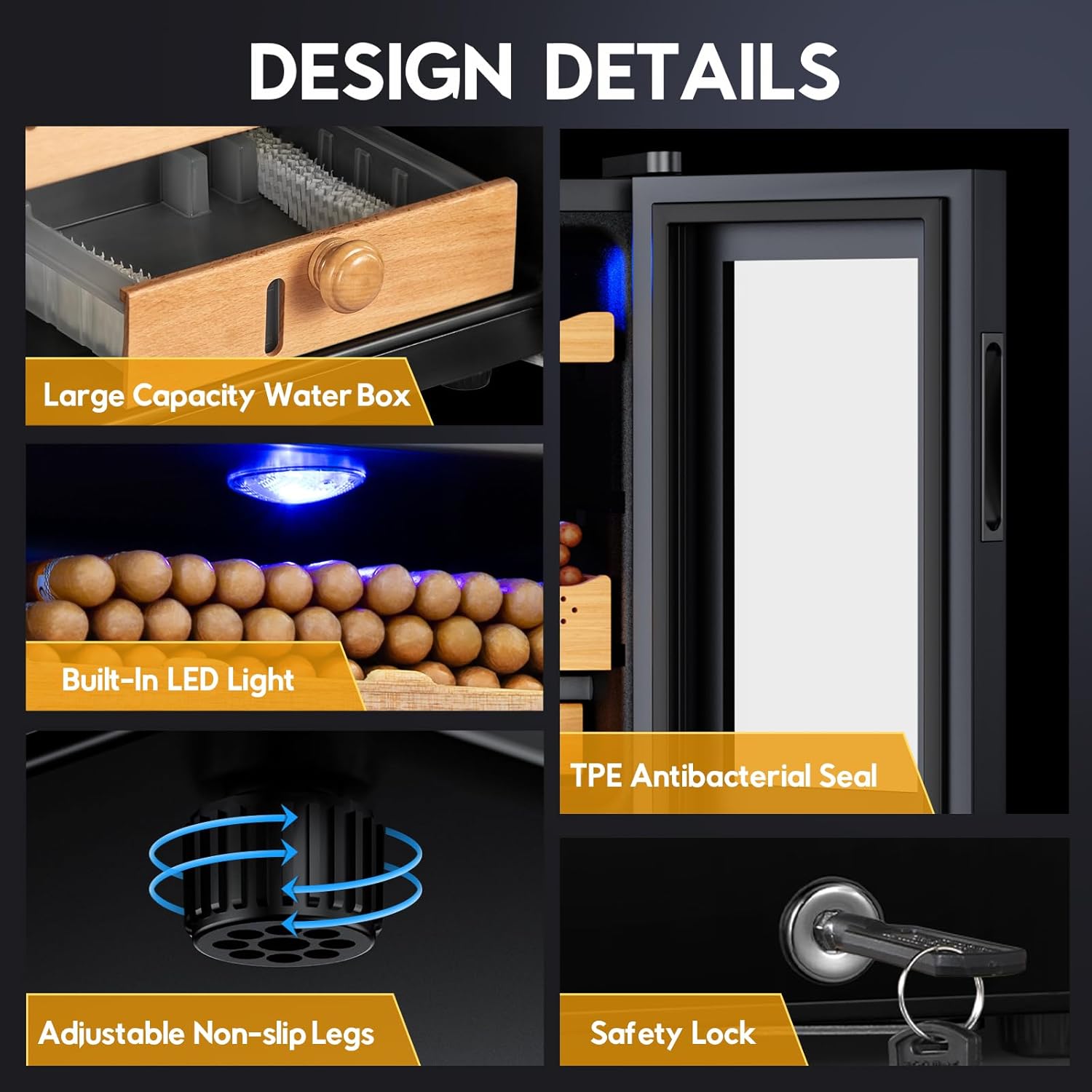 Tylza Electric Cigar Humidor Cabinet 70L, Electric Humidors for Cigars with Temp & Humidity Control, Digital Hygrometer, Lock, Refrigerator, Cigar Humidors with Cedar Wood Drawer Shelves, 550 Cigars