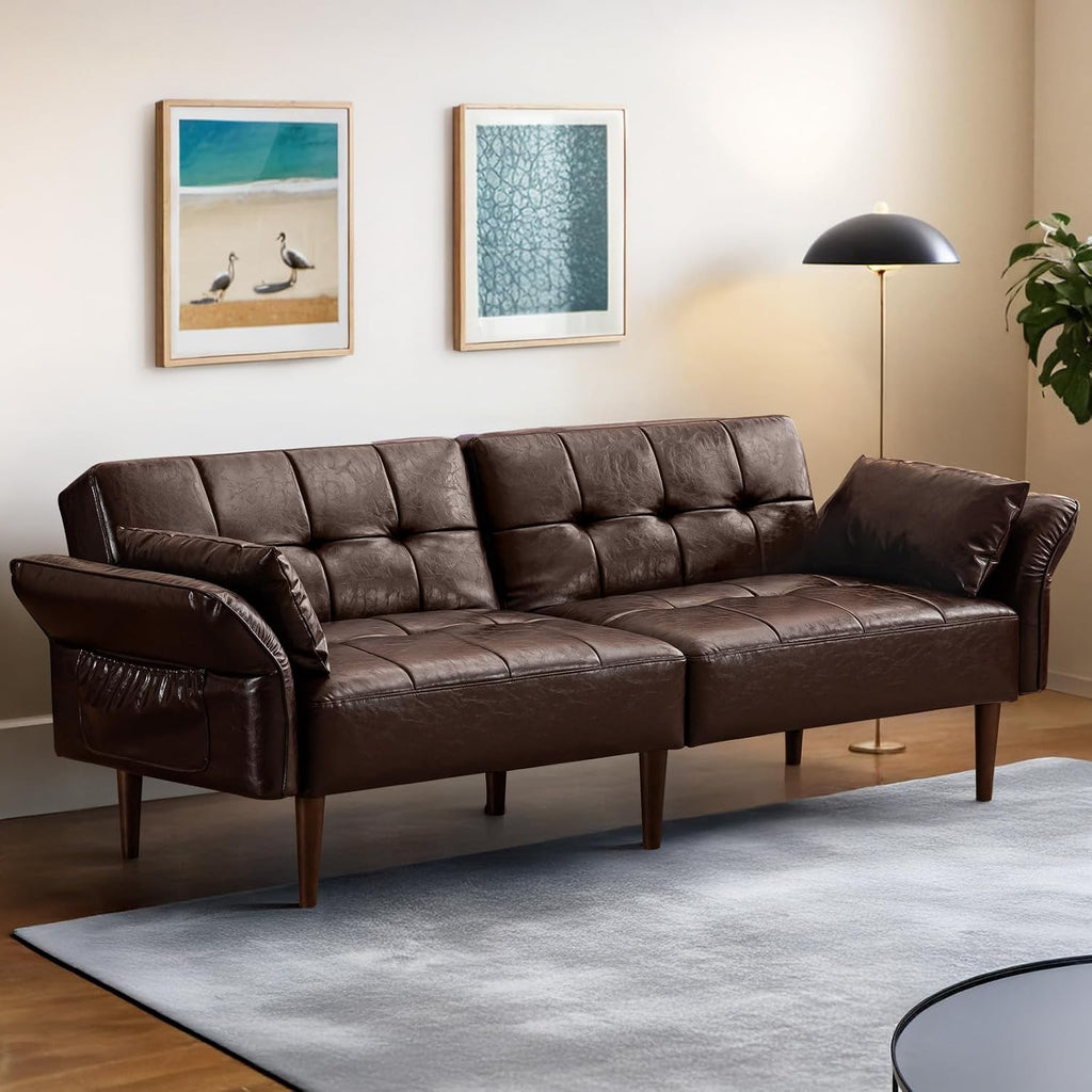 HALLYBEE 85' Futon Sofa Bed, Sleeper Sofa, Small Couch with Storage Adjustable Armrests Pillows, Faux Leather Loveseat, Mid Century Modern Couches for Living Room, Bedroom, Apartment, Coffee Brown