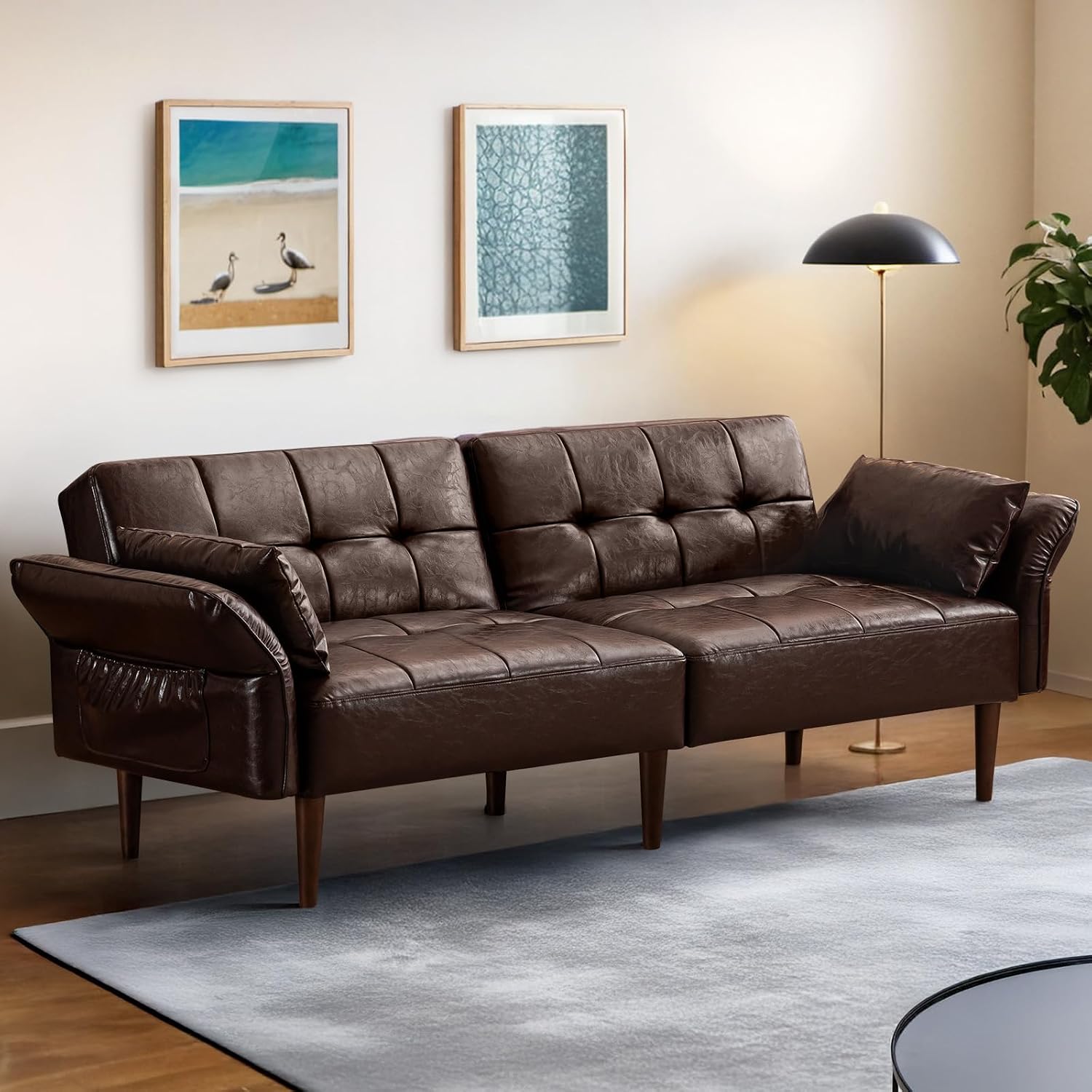 HALLYBEE 85' Futon Sofa Bed, Sleeper Sofa, Small Couch with Storage Adjustable Armrests Pillows, Faux Leather Loveseat, Mid Century Modern Couches for Living Room, Bedroom, Apartment, Coffee Brown