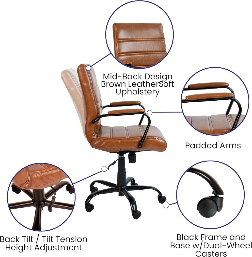 Flash Furniture Whitney Mid-Back Desk Chair - Brown LeatherSoft Executive Swivel Office Chair with Black Frame - Swivel Arm Chair