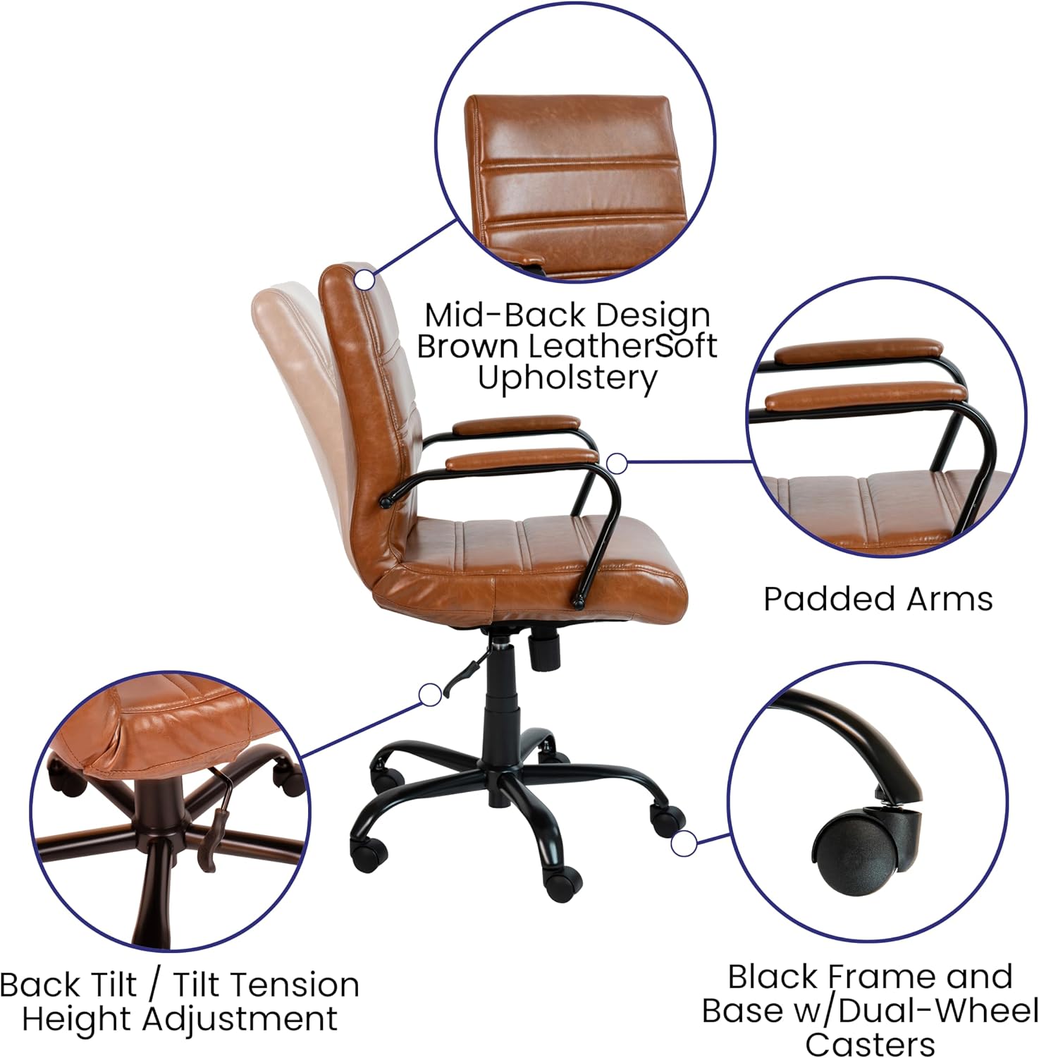 Flash Furniture Whitney Mid-Back Desk Chair - Brown LeatherSoft Executive Swivel Office Chair with Black Frame - Swivel Arm Chair