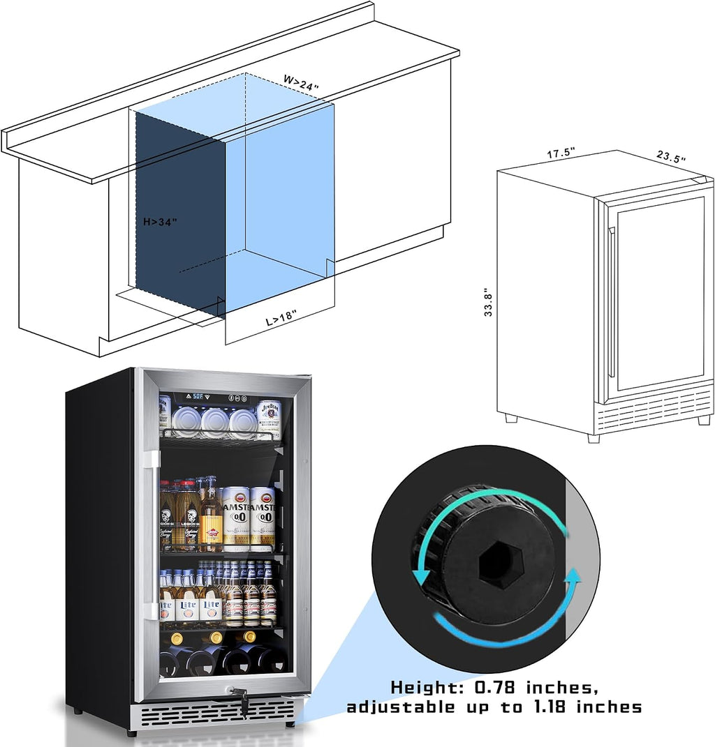 18 inch Glass Door Beverage Refrigerator – 160 Can Mini Fridge for Wine, Beer, Soda, Ideal for Home, Office, or Bar, Under Counter Built-In Design