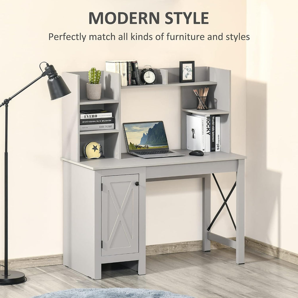 HOMCOM 47 Inch Farmhouse Computer Desk with Hutch and Cabinet, Home Office Desk with Storage, for Study, Light Gray