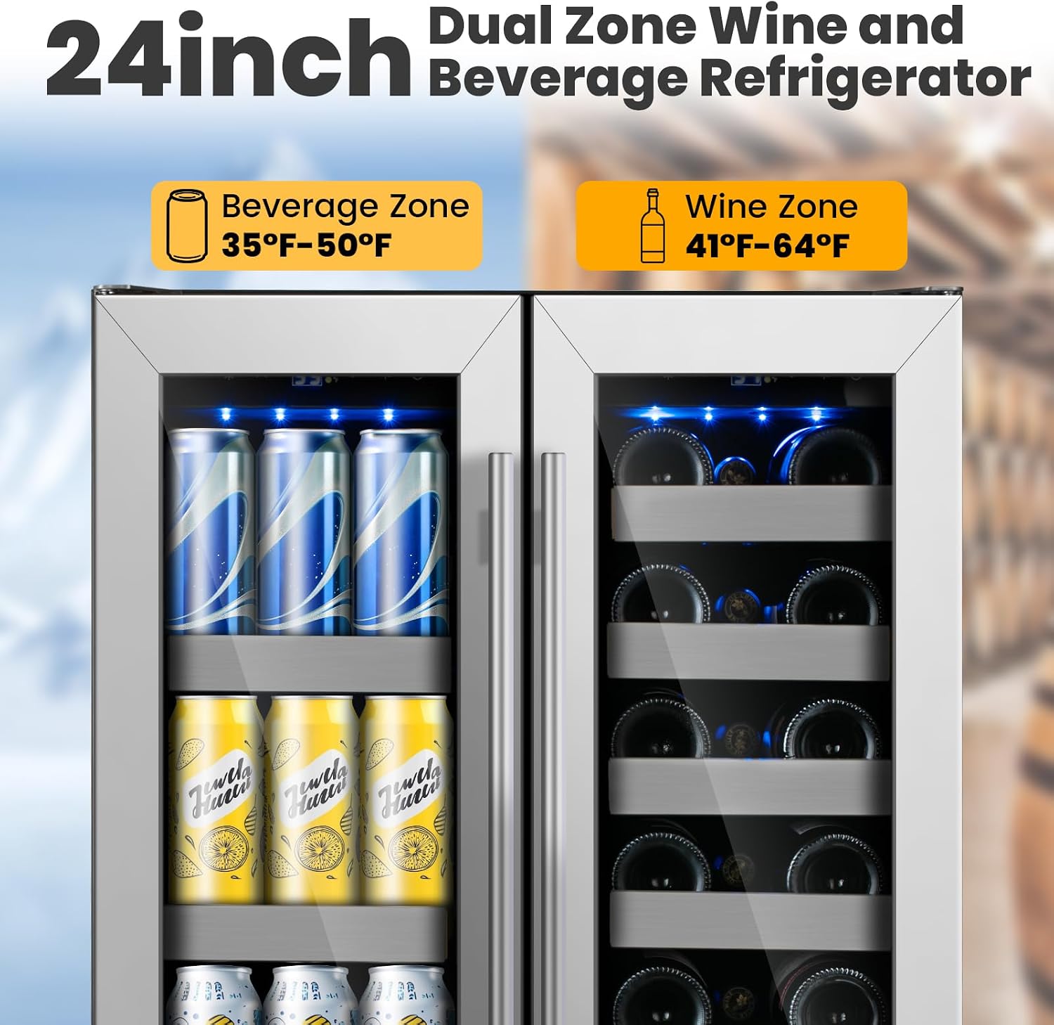 Wine and Beverage Refrigerator,24 inch Dual Zone Upgrade Compressor Wine Cooler 20 Bottle & 88 Cans,Built in or Under Counter Wine Fridge with Glass Door for Bar and Home