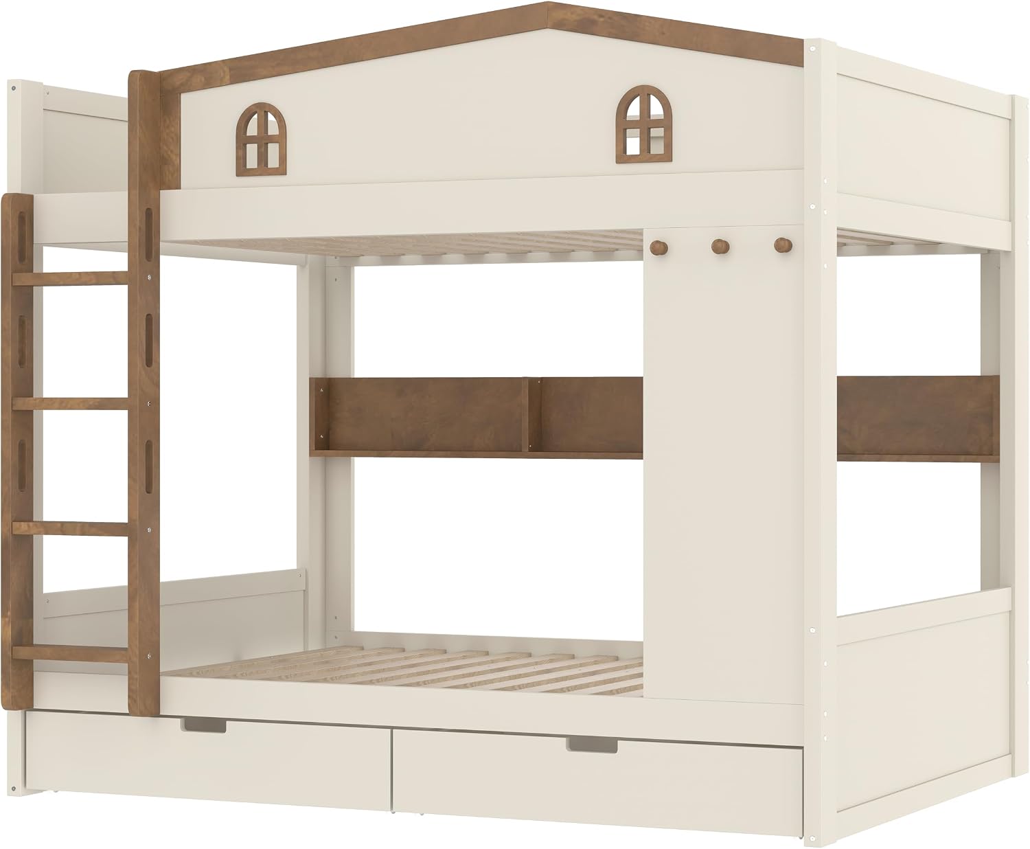 Queen Over Queen Bunk Bed with Storage Drawers, Hooks and Storage Shelves, Solid Wood Bunk Beds for Kids Teens, Bedroom Space-Saving Furniture (Beige+Natural/D)