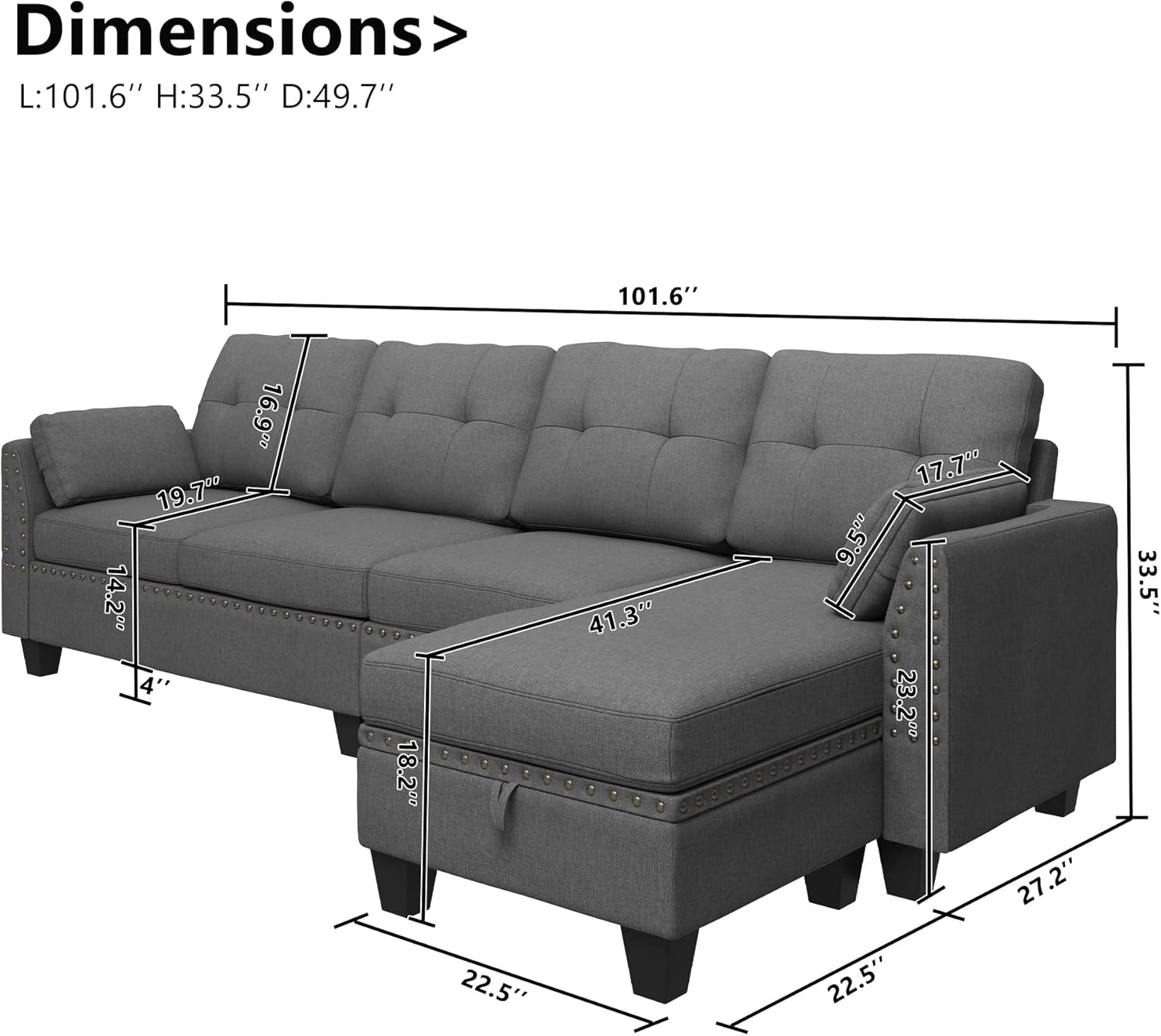 HONBAY Convertible Sectional Sofa L Shaped Couch Reversible Sectional Couches for Living Room,Grey