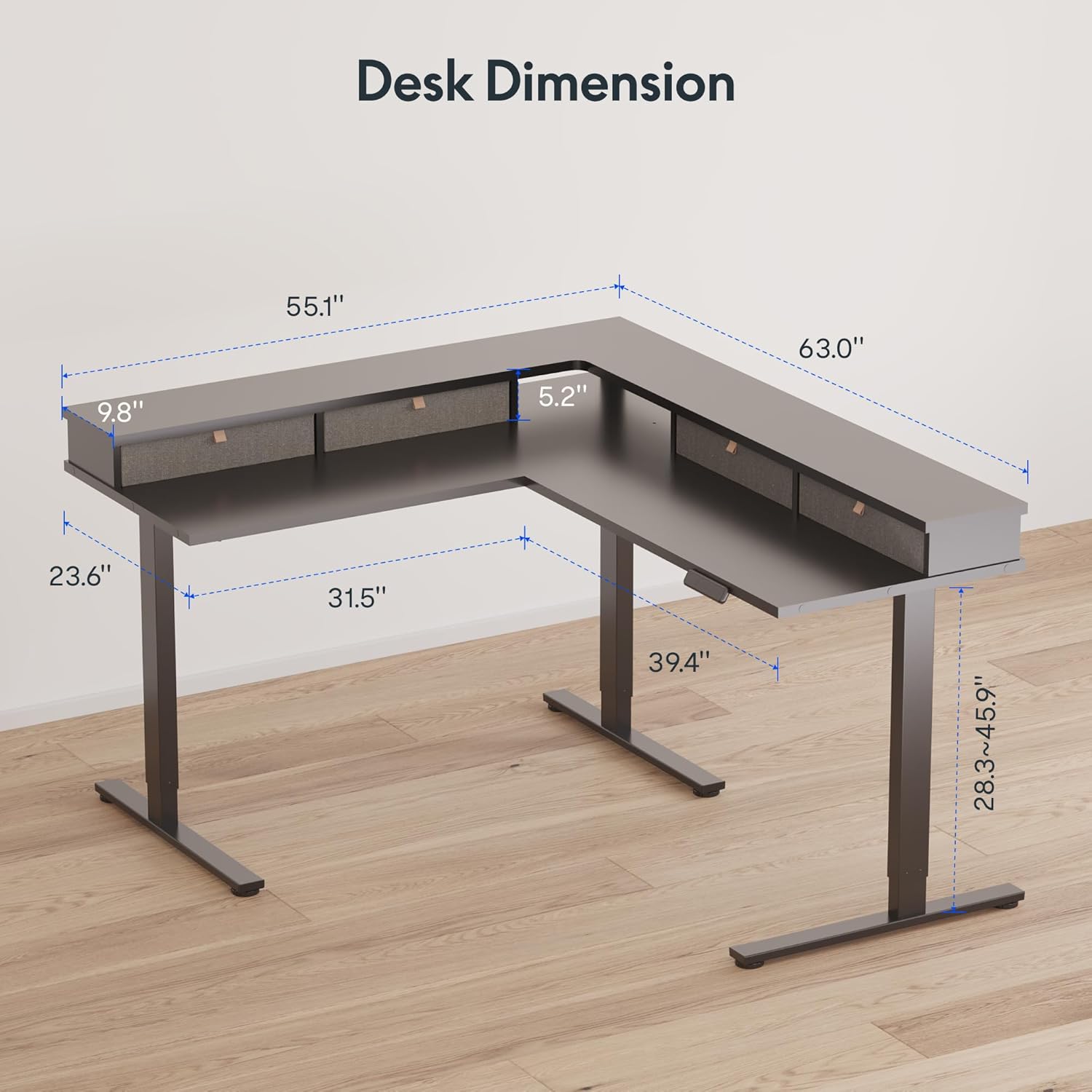FLEXISPOT 63' L Shaped Standing Desk Electric Corner Table with Monitor Shelf, 4 Storage Drawers, Adjustable Computer Workstation for Home, Office, Game, Studio, Black Top + Black Frame
