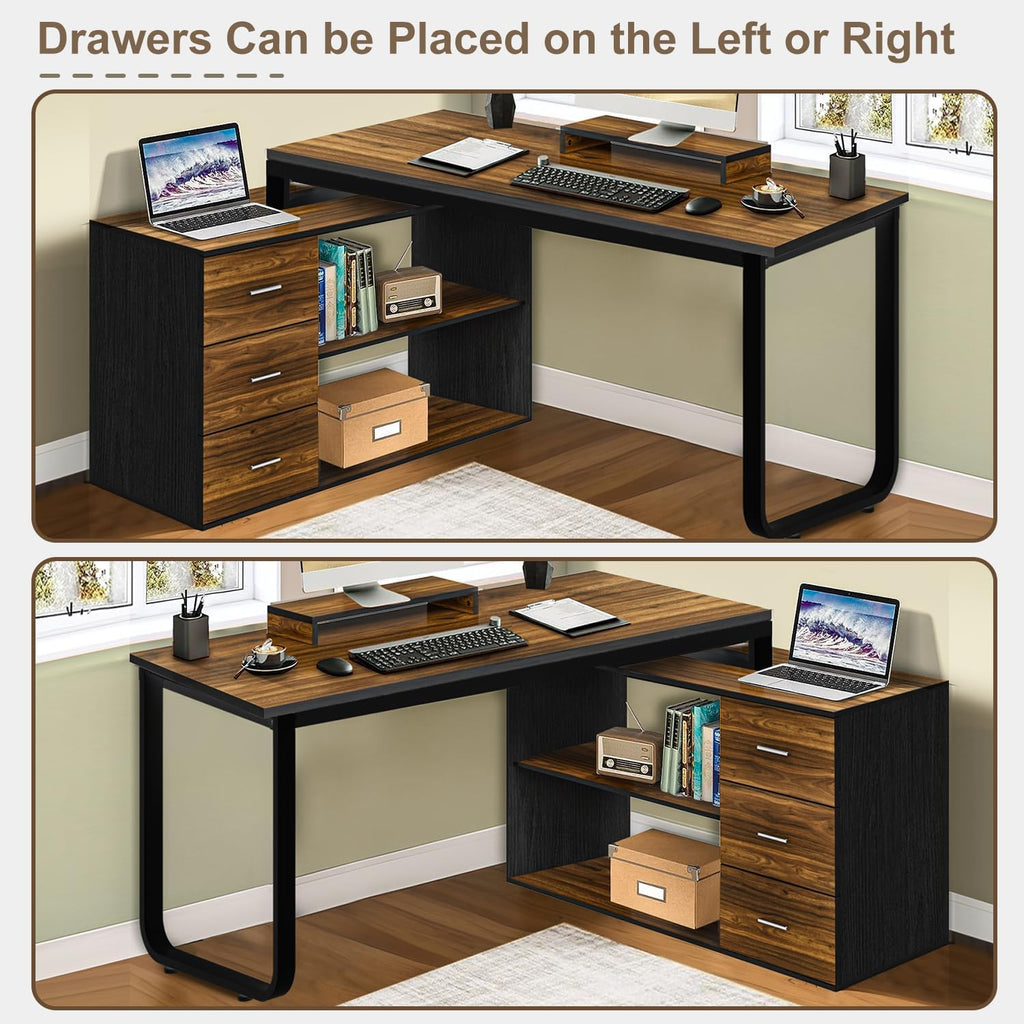 MaverickFurni 55' L Shaped Desk with Drawers and Shelves, Home Office Desk with Monitor Stand for Work Writing Study, Reversible Corner Desk with Storage, Black