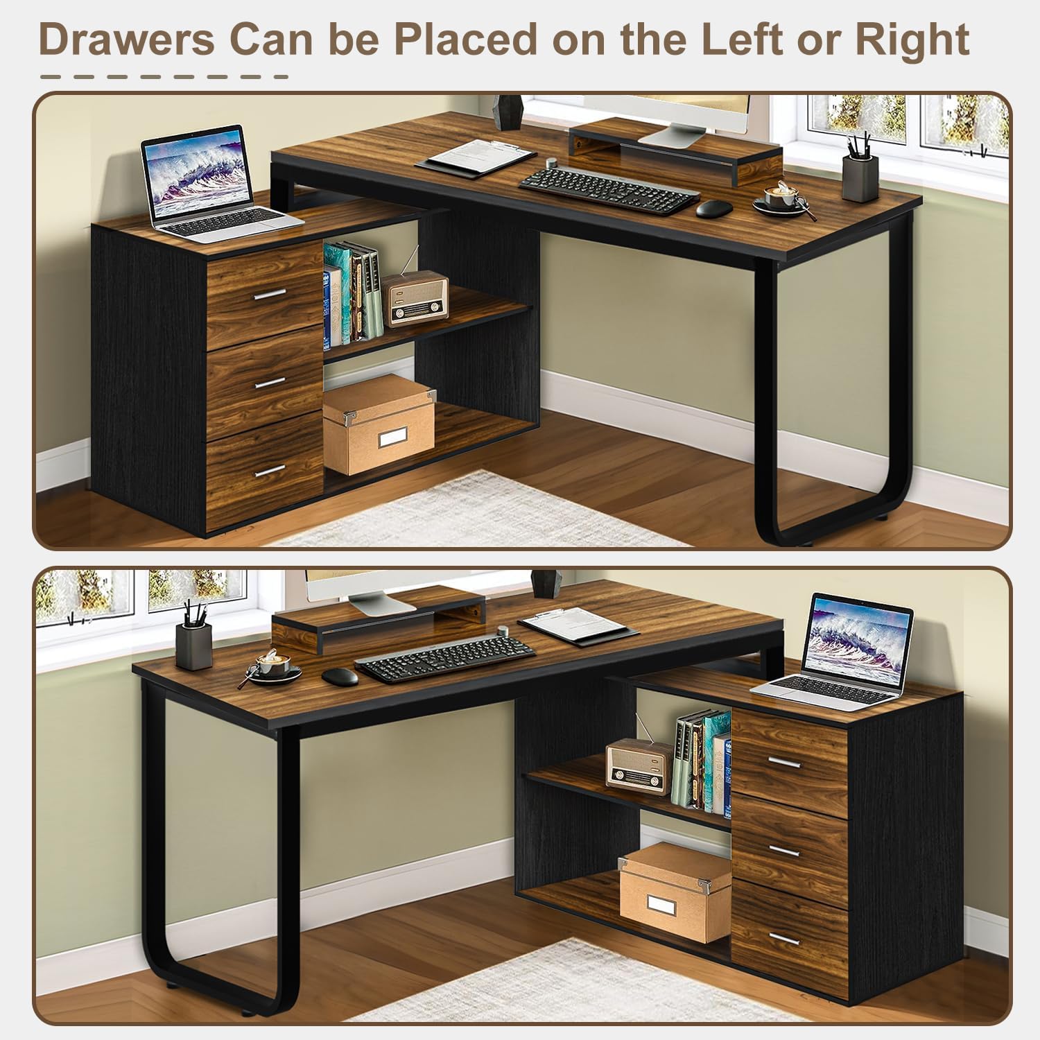 MaverickFurni 55' L Shaped Desk with Drawers and Shelves, Home Office Desk with Monitor Stand for Work Writing Study, Reversible Corner Desk with Storage, Black