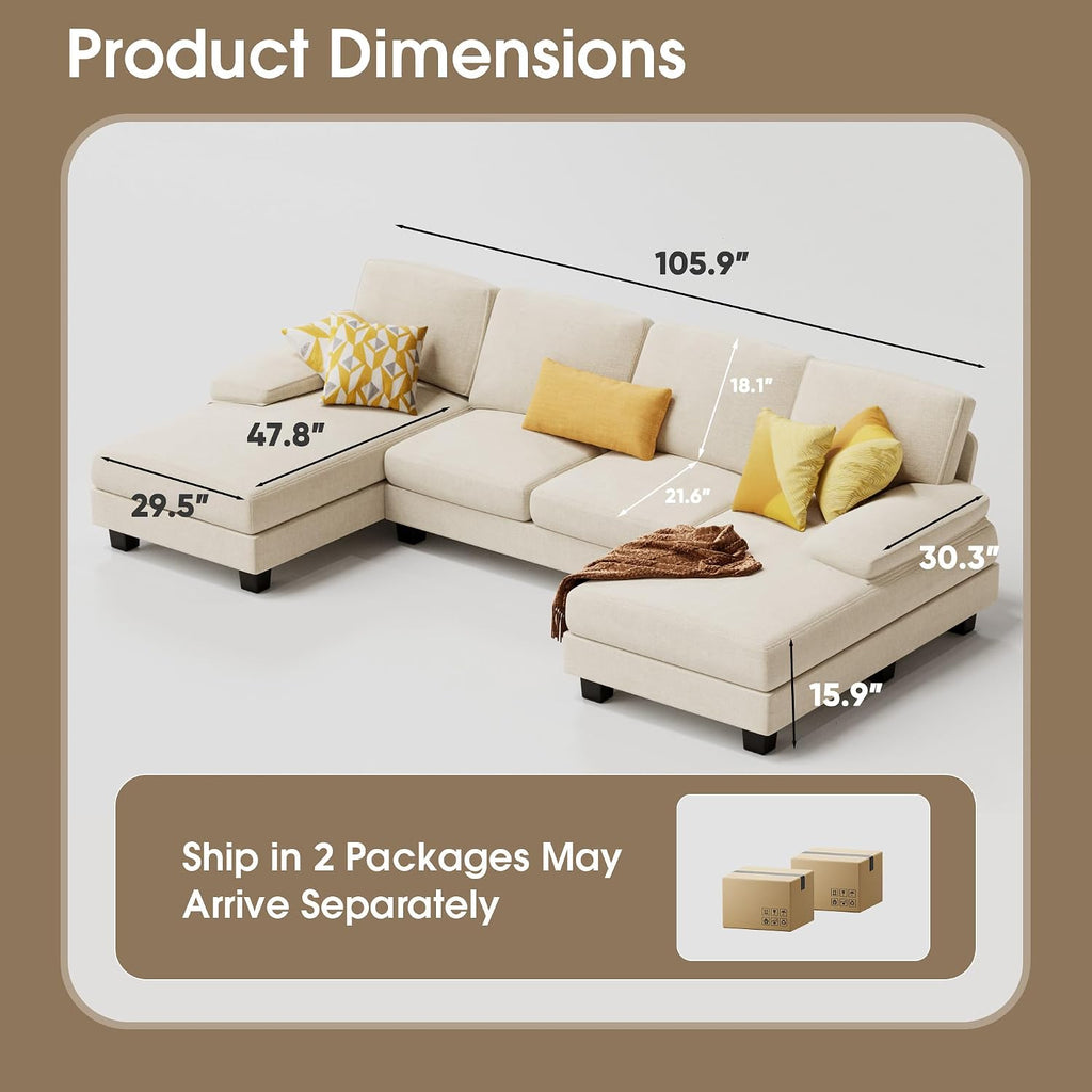 Furmax Sectional Couches for Living Room, U-Shaped Sofa Couch with Linen Fabric, 4 Seat Sofa Set with Double Chaise for Apartment (Fabric, White)