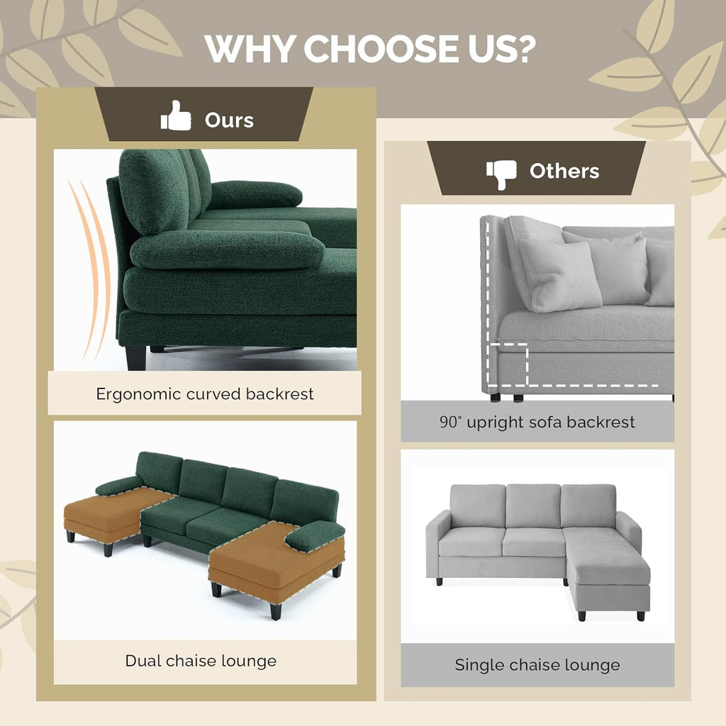 VINGLI 110' U-Shaped Sectional Couch with Two Chaise, Affordable Small Sofa with 4 Seats, Chenille Fabric Comfy Couches for Living Room, Dark Green