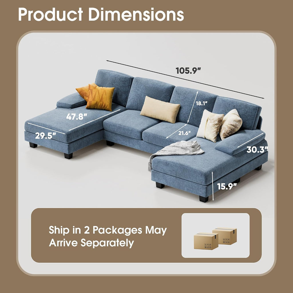 Furmax Sectional Couches for Living Room, U-Shaped Sofa Couch with Linen Fabric, 4 Seat Sofa Set with Double Chaise for Apartment (Fabric, Light Blue)