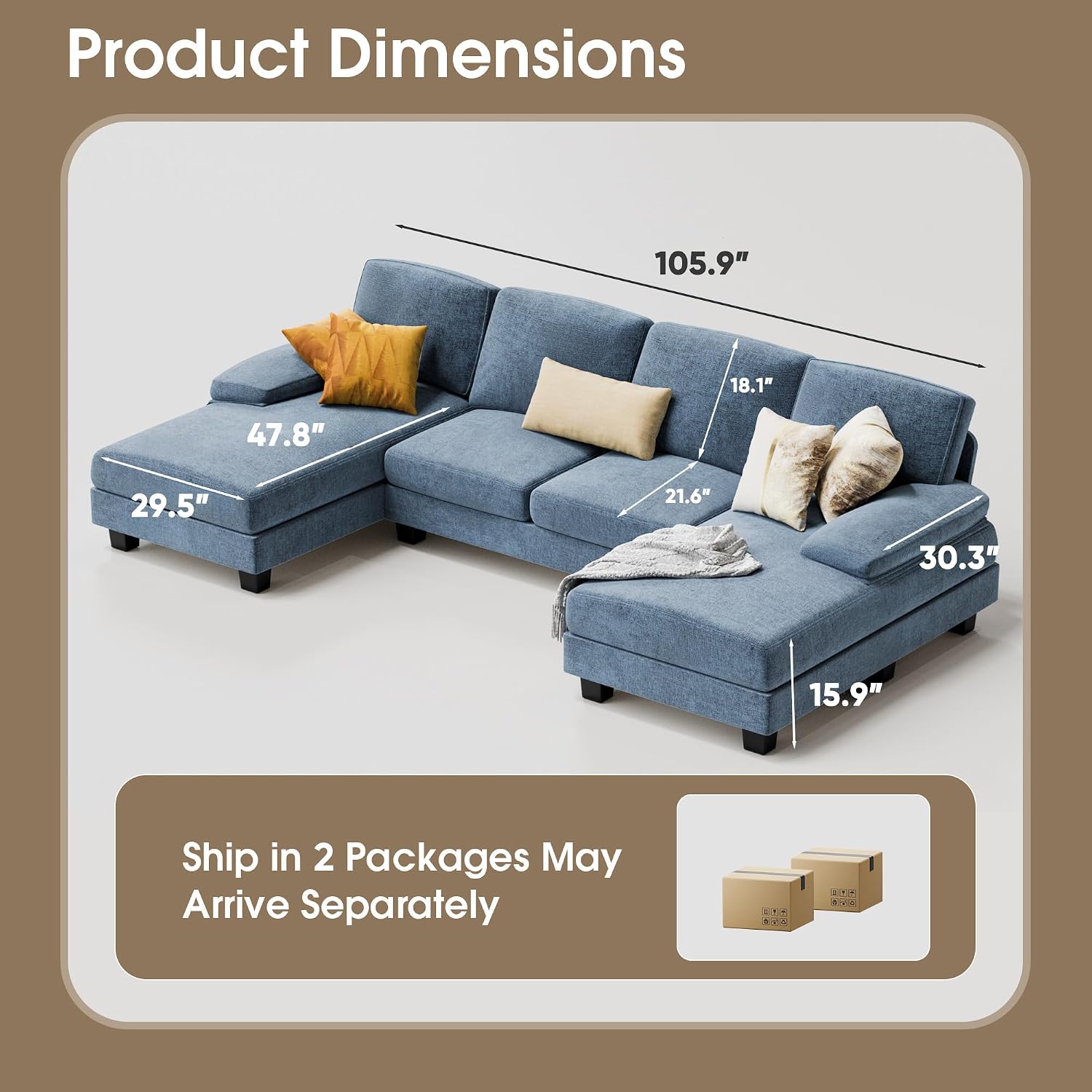 Furmax Sectional Couches for Living Room, U-Shaped Sofa Couch with Linen Fabric, 4 Seat Sofa Set with Double Chaise for Apartment (Fabric, Light Blue)