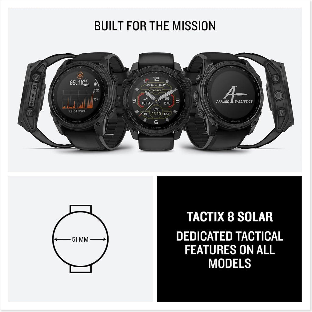 Garmin tactix 8 Solar (51mm) Premium Tactical GPS Smartwatch Bundle - Includes Applied Ballistics Ultralight Solver, Built-in LED Flashlight with PlayBetter Portable Charger & HD Screen Protectors