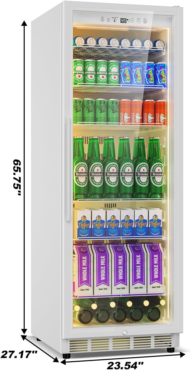 Velivi Commercial Display Beverage Fridge: 13.8 Cu Ft Upright Cooler with Glass Door, LED Lighting, Low Noise, and Rapid Cooling for Restaurants, Shops, and Offices (White)
