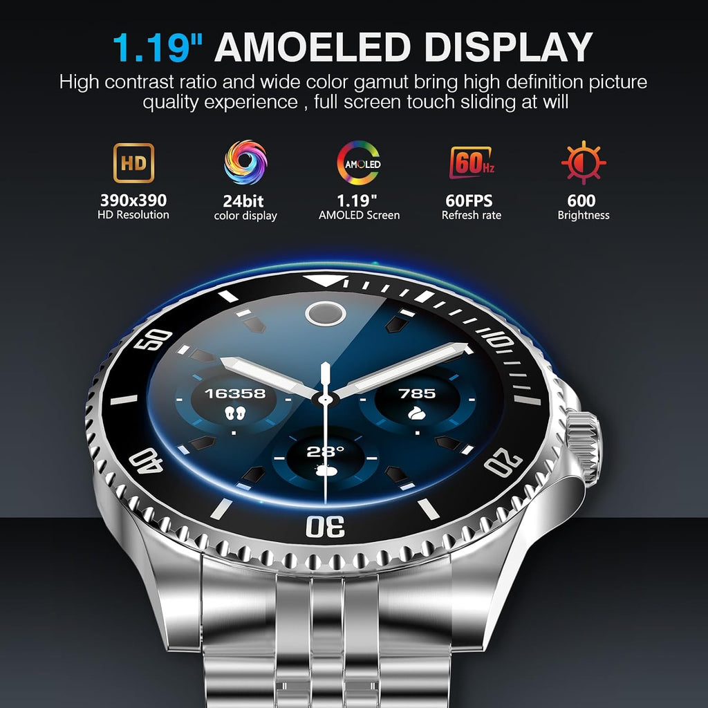 SOUYIE AI Smart Watch, DA GPT Waterproof Smartwatch, 1.19-inch AMOLED Display, 24/7 Heart Rate, Blood Oxygen, Blood Pressure, Sleep Monitor, 107 Sports Modes, Compatible Android and iOS Silver Black